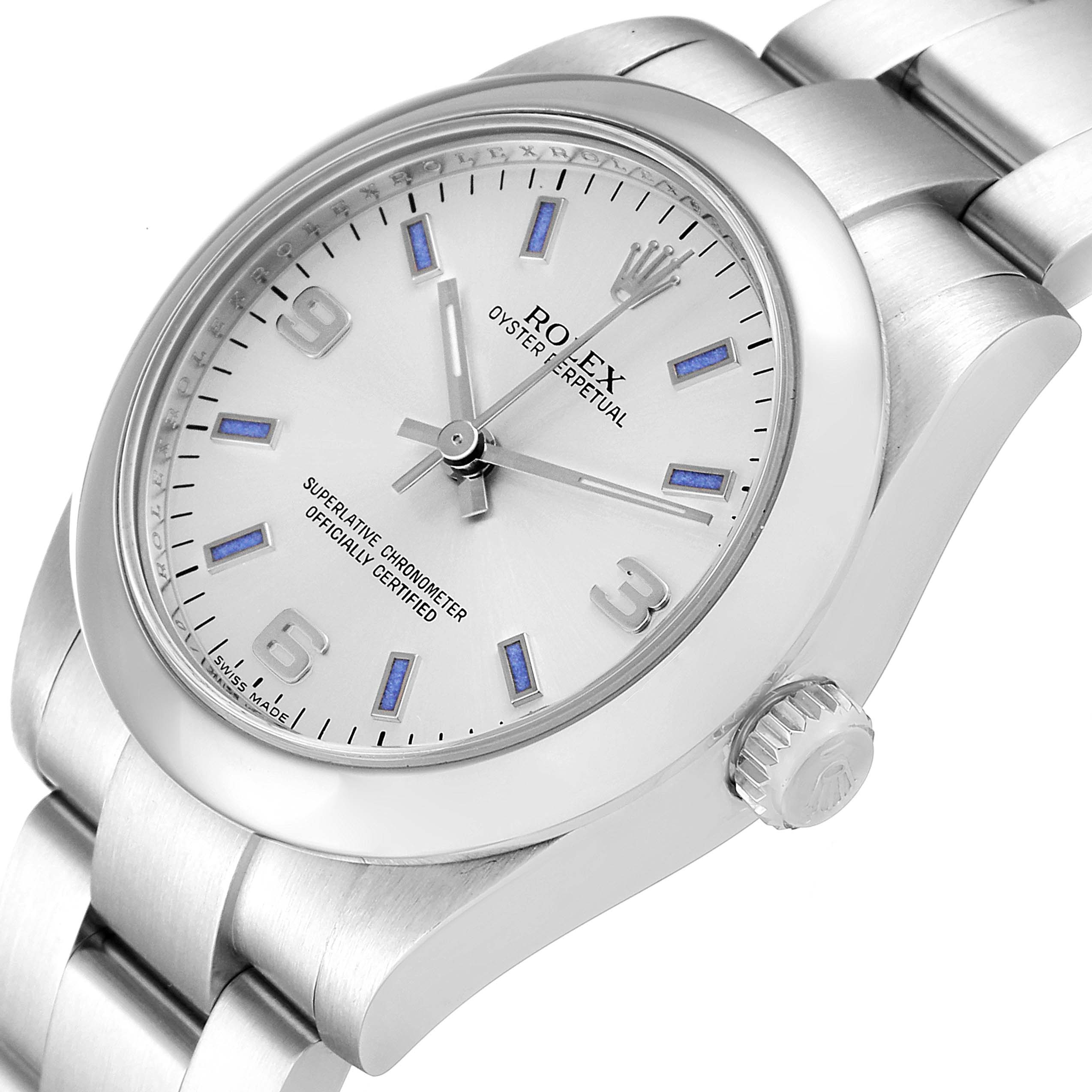 The image shows a close-up angle of the bezel, dial, crown, and bracelet of a Rolex Oyster Perpetual Mid-Size watch.