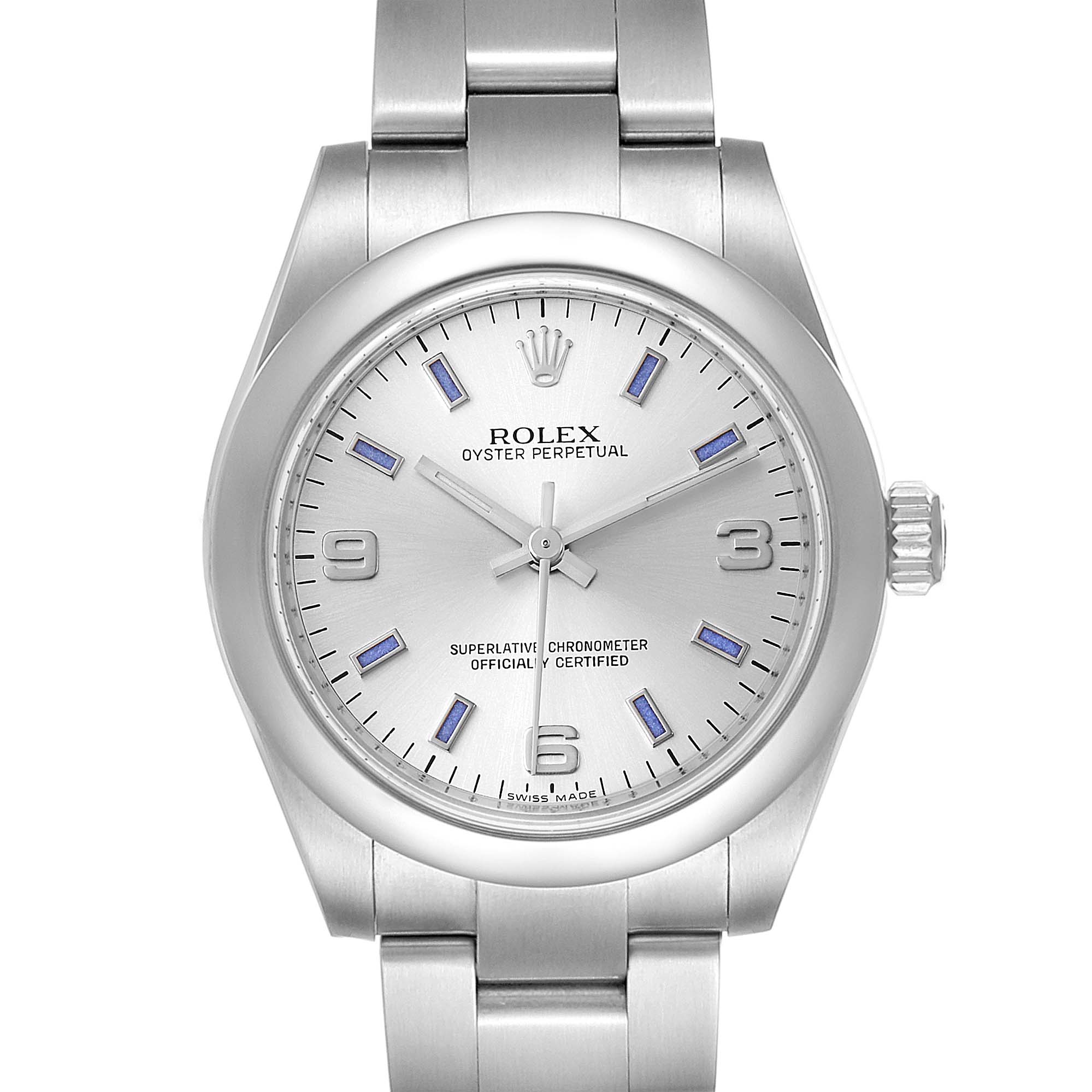 The image shows a front view of the Rolex Oyster Perpetual Mid-Size model, displaying the dial, hands, and part of the bracelet.