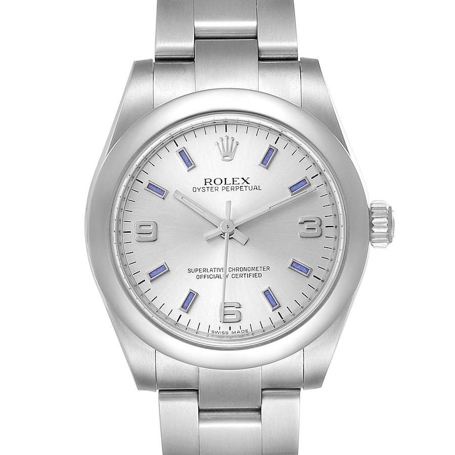 Rolex Midsize 31 Silver Dial Blue Hour Markers Steel Ladies Watch 177200 SwissWatchExpo