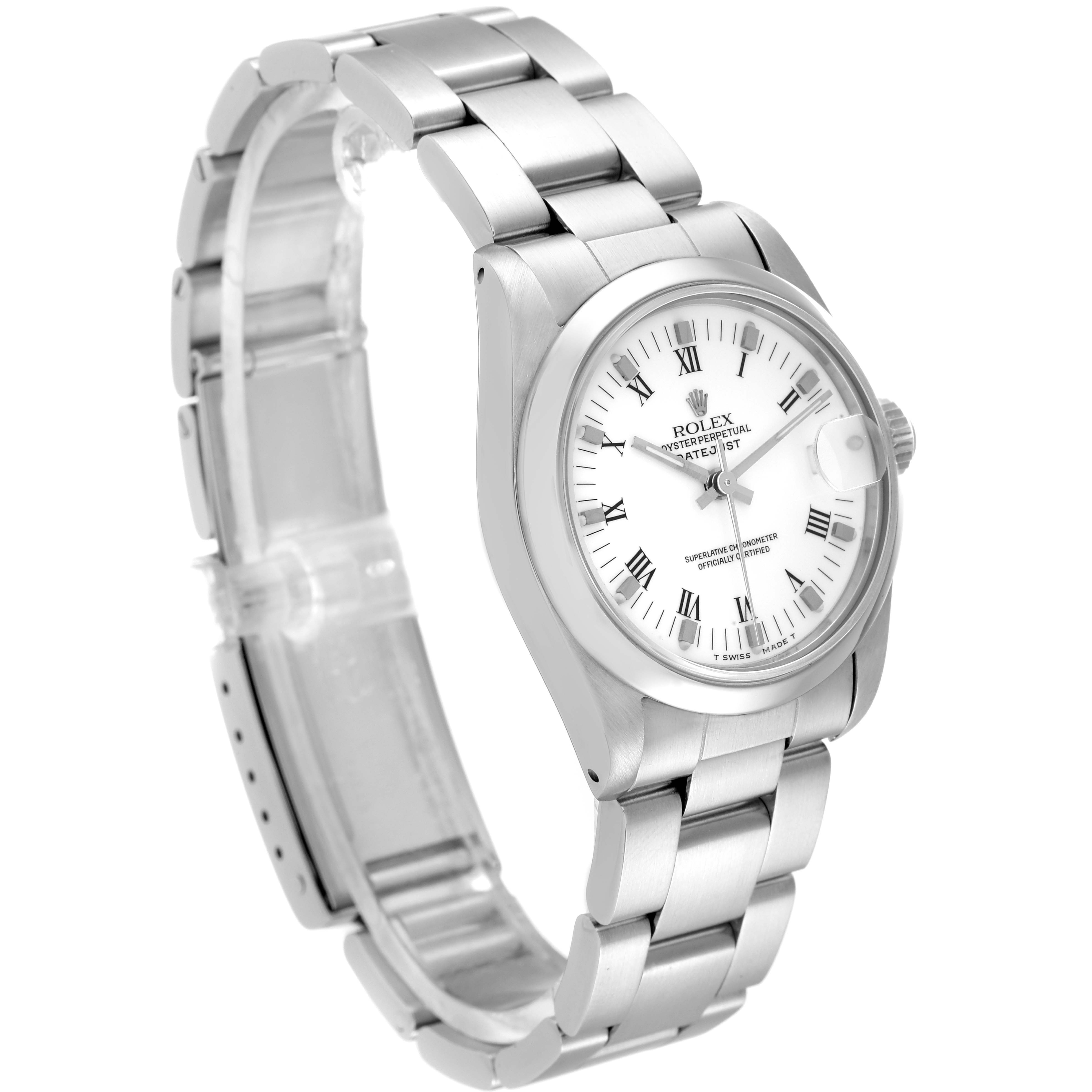 The image shows a side angle view of a Rolex Mid-Size 68240 Women's Stainless Steel White Dial 68240 Women's Stainless Steel White Dial watch with its stainless steel bracelet and white dial with Roman numerals.