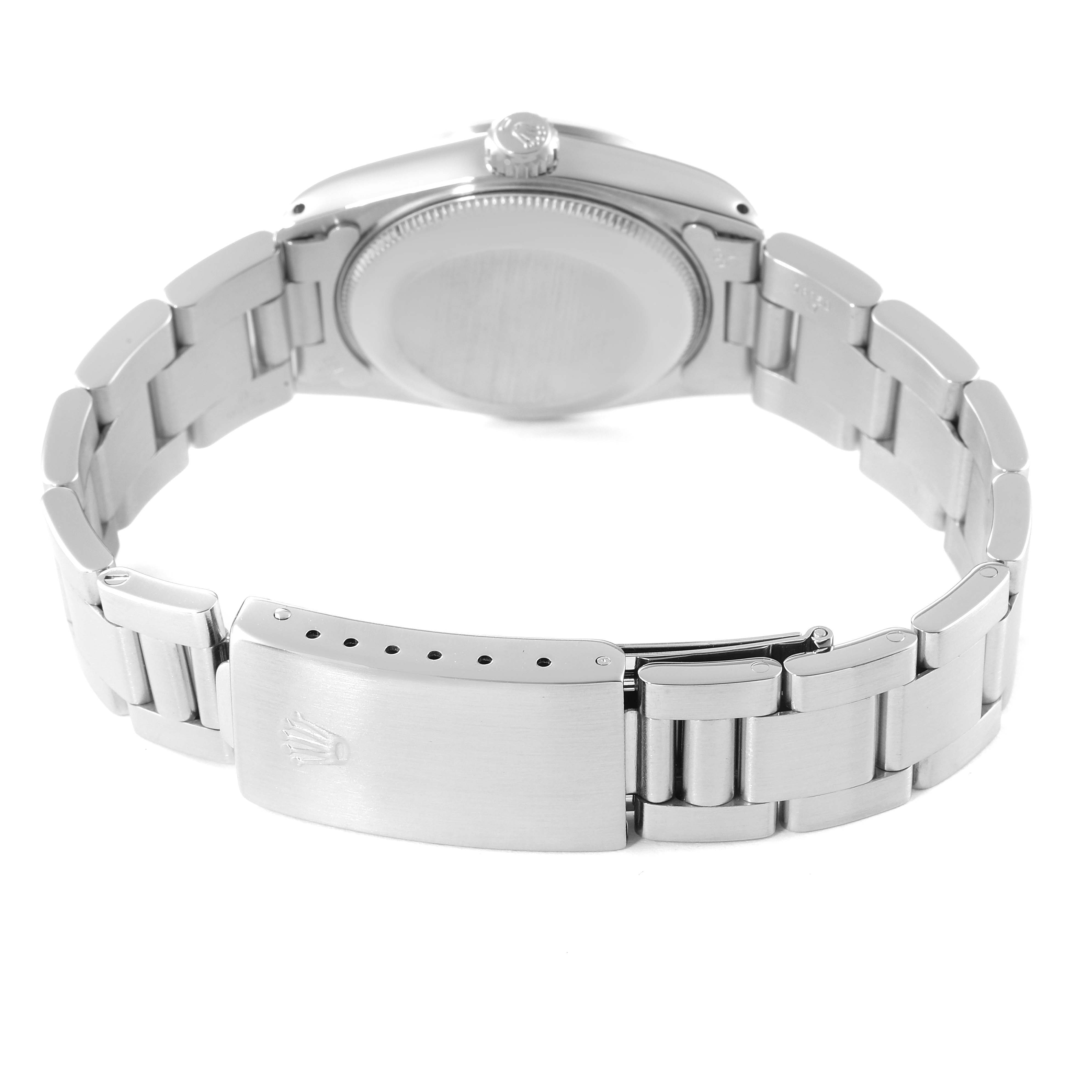 This image shows the backside and clasp of a Rolex Mid-Size 68240 Women's Stainless Steel White Dial 68240 Women's Stainless Steel White Dial watch, highlighting the bracelet and case back.