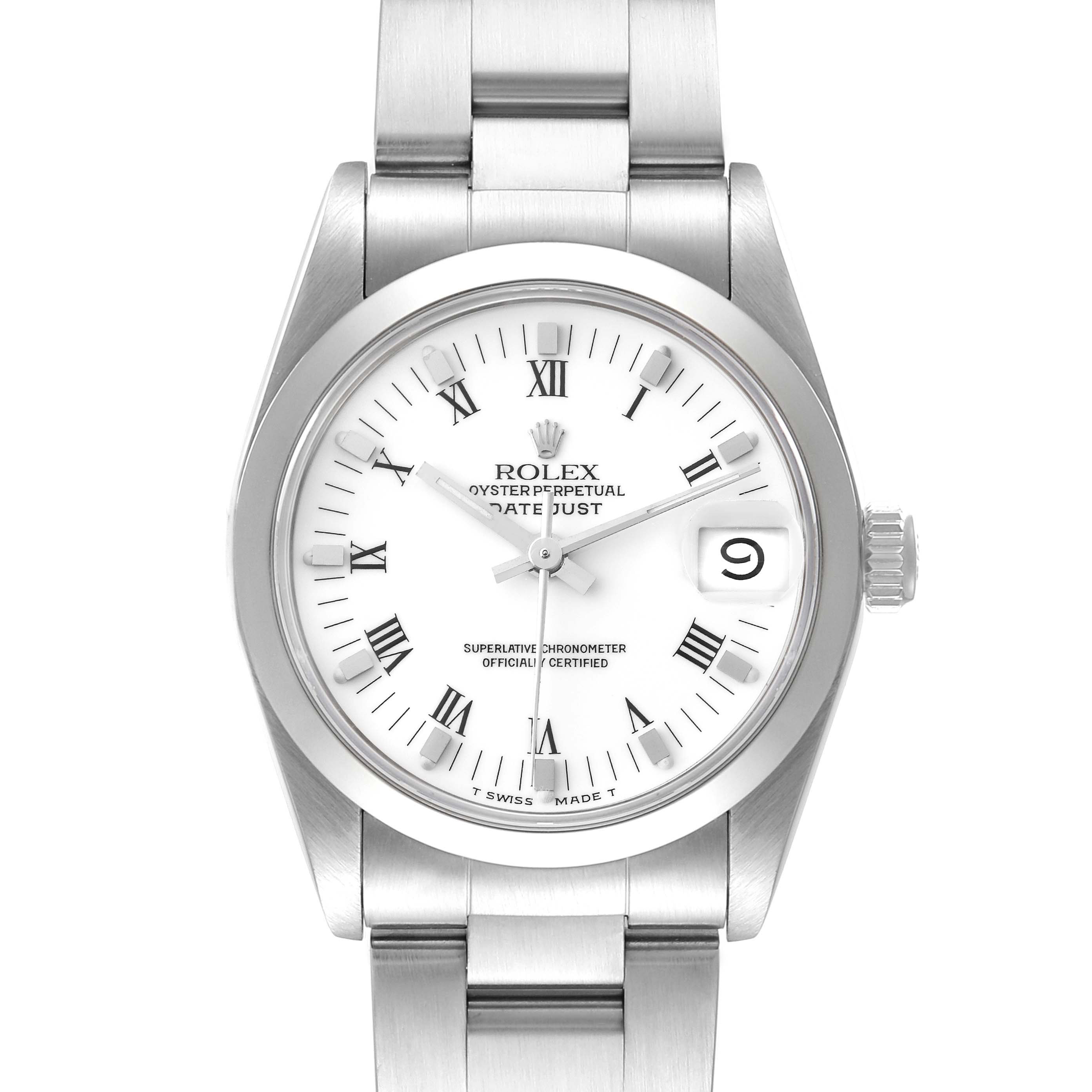 The image shows a front view of a Rolex Mid-Size 68240 Women's Stainless Steel White Dial 68240 Women's Stainless Steel White Dial Oyster Perpetual Datejust watch with a stainless steel bracelet.