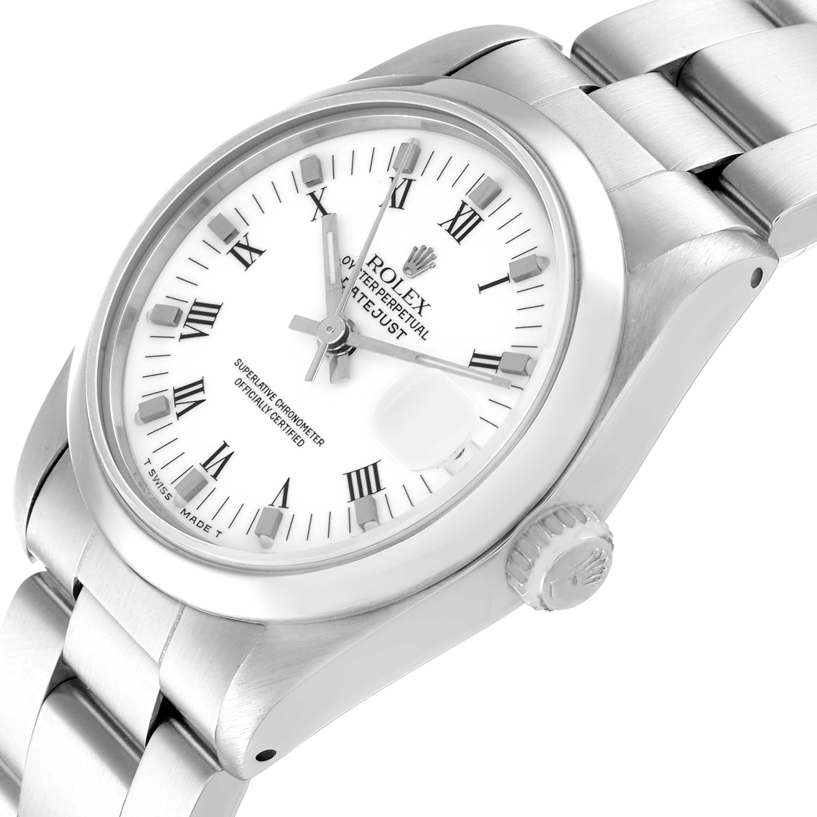 The image shows a side angle of a Rolex Mid-Size 68240 Women's Stainless Steel White Dial 68240 Women's Stainless Steel White Dial Datejust watch displaying its face, bezel, crown, and part of the bracelet.