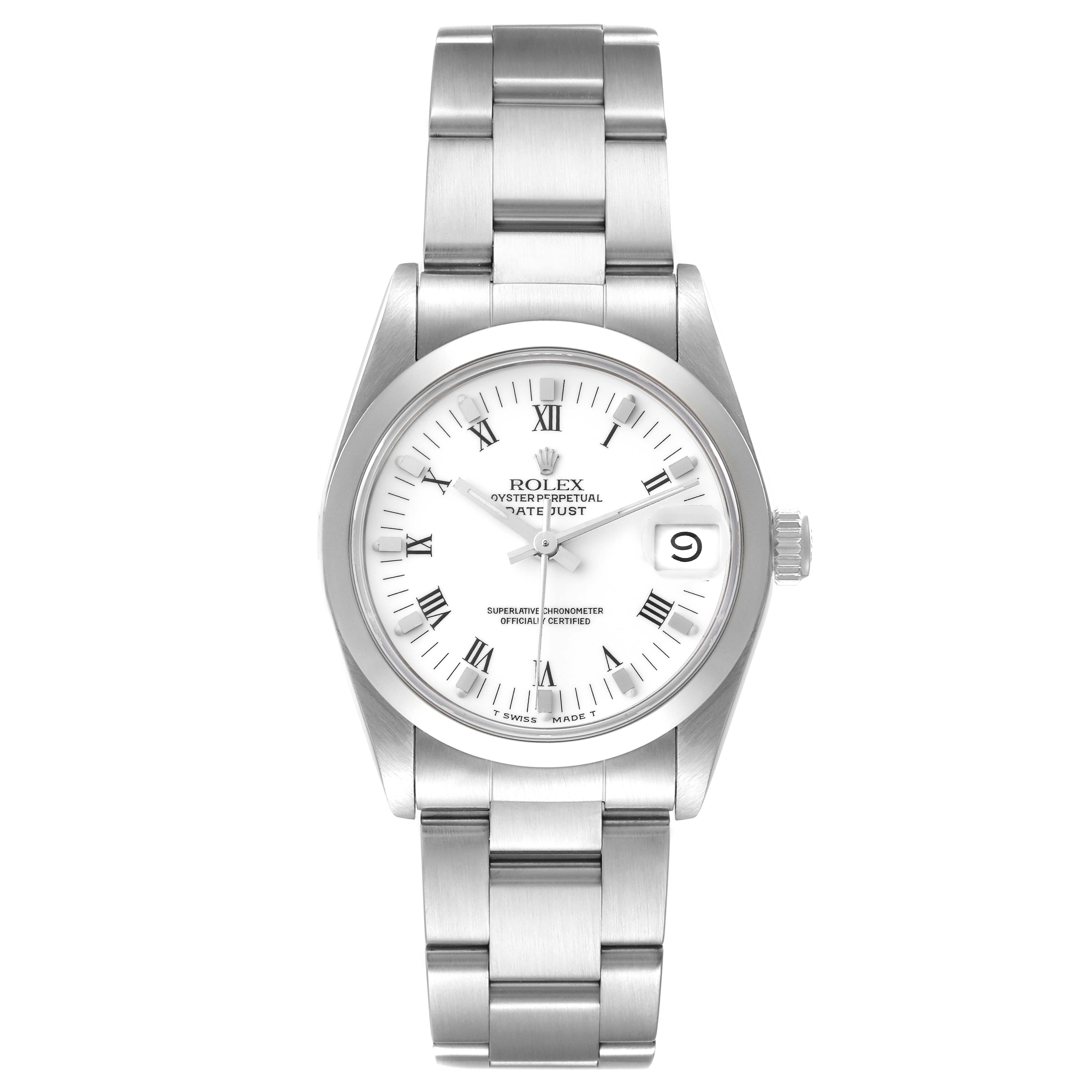 This Rolex Mid-Size 68240 Women's Stainless Steel White Dial 68240 Women's Stainless Steel White Dial model watch is shown from a top-down angle displaying the bracelet, case, and dial.