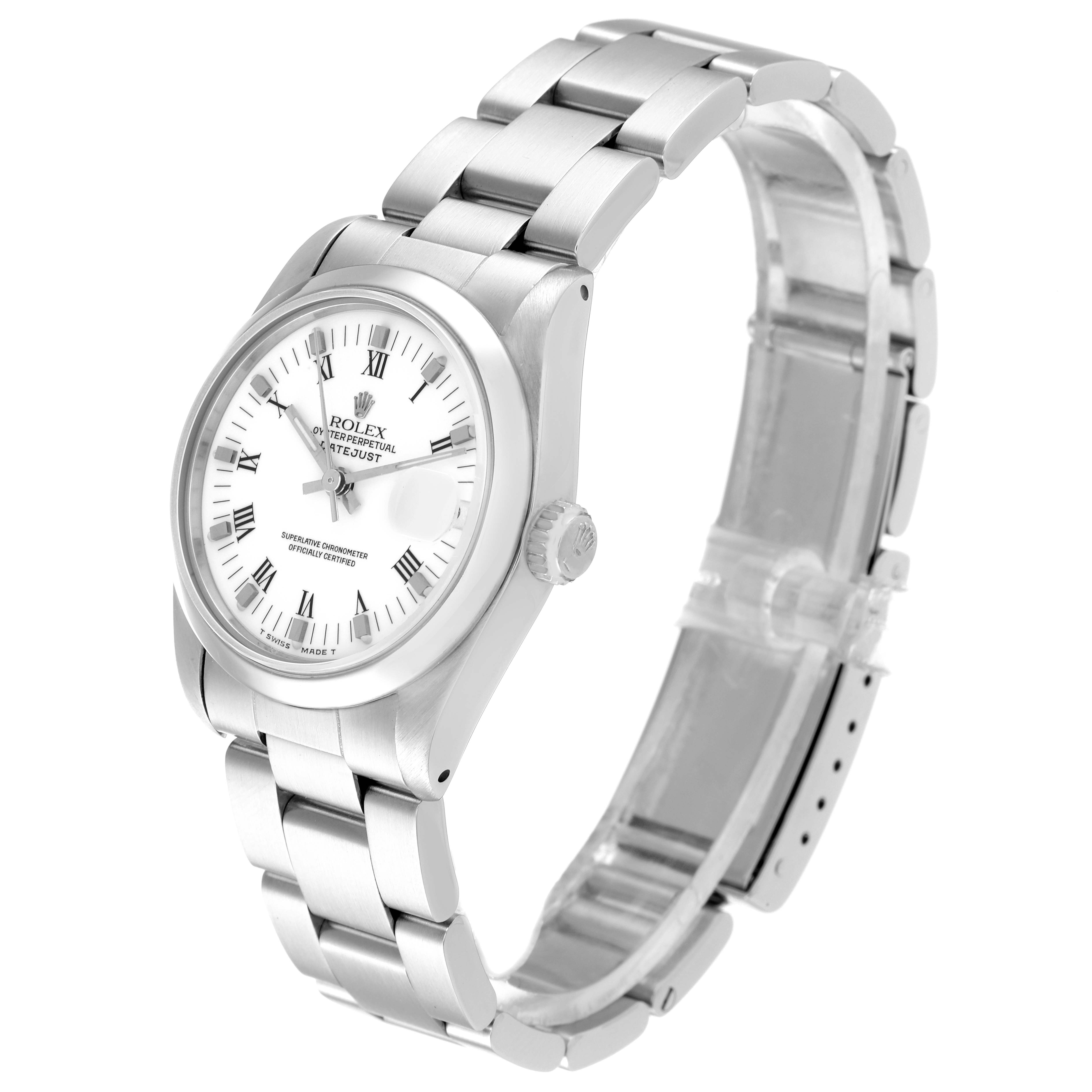 The Rolex Mid-Size 68240 Women's Stainless Steel White Dial 68240 Women's Stainless Steel White Dial watch is shown at an angled side view, displaying the bracelet, case, dial, and crown.
