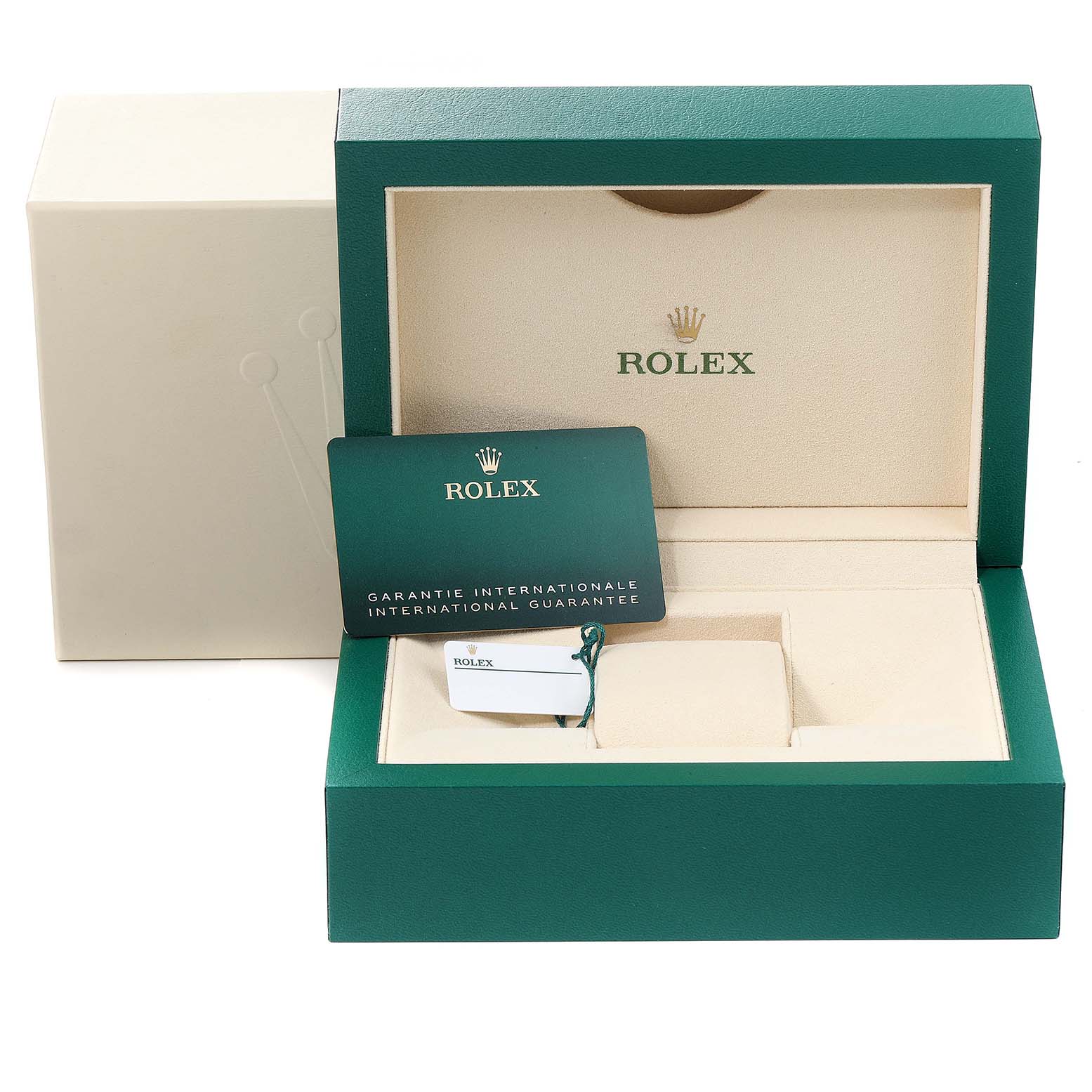 The image shows the packaging, international guarantee card, and tag for a Rolex Milgauss 116400GV Men
s Stainless Steel Blue Dial 116400GV Men
s Stainless Steel Blue Dial watch at a straight-on angle.