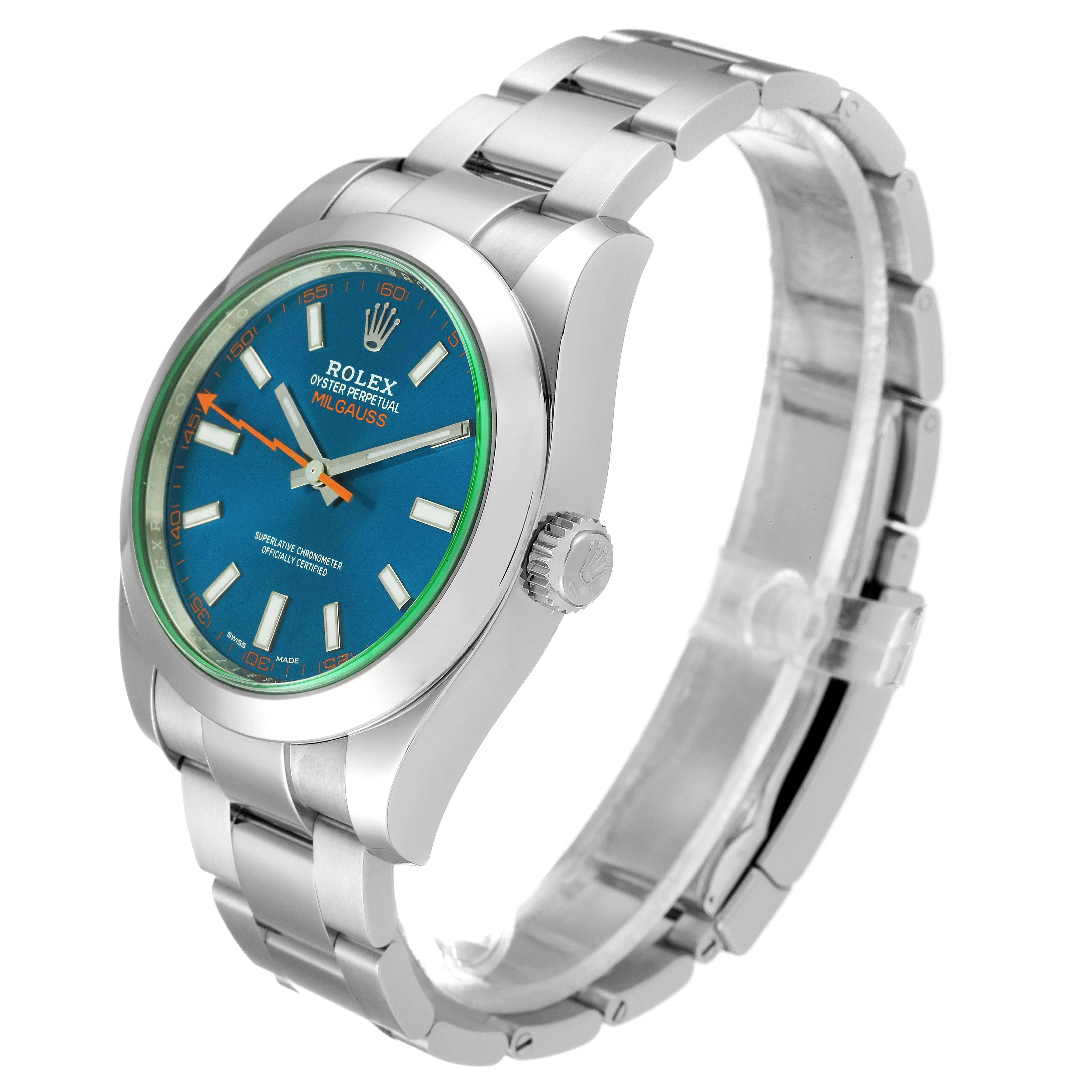 The image shows a side-angle view of a Rolex Milgauss 116400GV Men
s Stainless Steel Blue Dial 116400GV Men
s Stainless Steel Blue Dial watch, displaying the face, case, crown, and bracelet.
