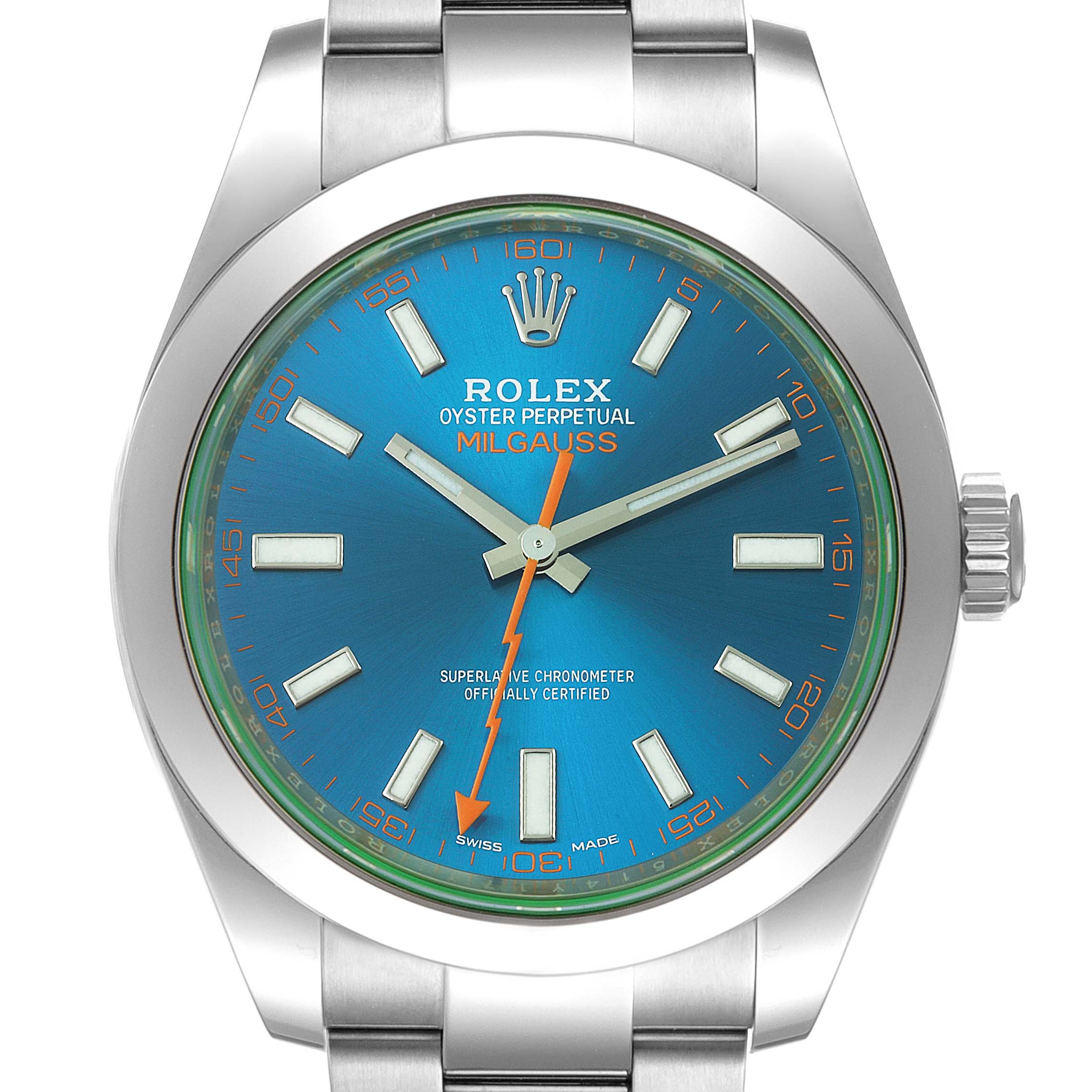 This image shows a frontal view of the Rolex Milgauss 116400GV Men
s Stainless Steel Blue Dial 116400GV Men
s Stainless Steel Blue Dial watch, highlighting its blue dial, silver case, and bracelet.