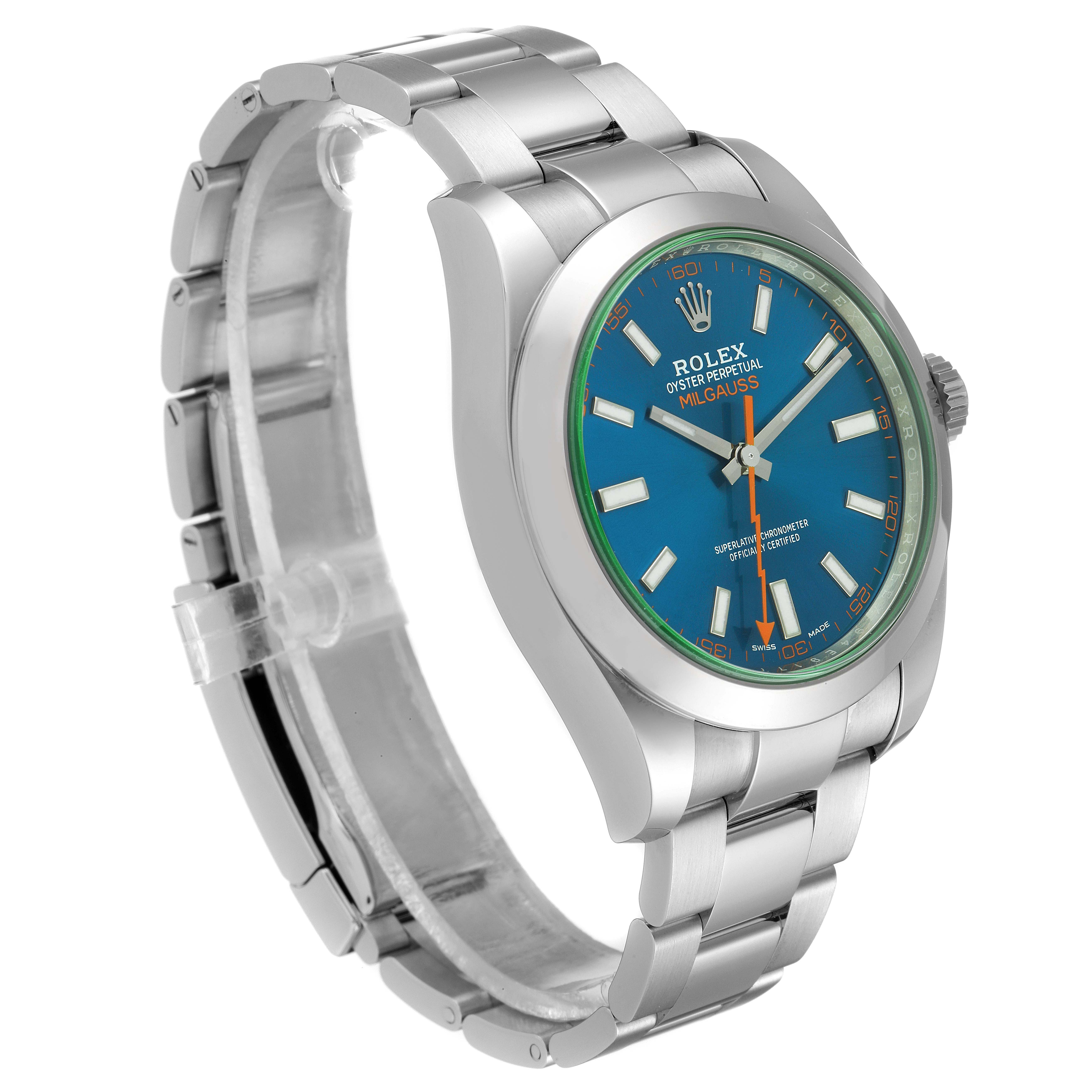 The image shows a Rolex Milgauss 116400GV Men
s Stainless Steel Blue Dial 116400GV Men
s Stainless Steel Blue Dial watch at a 3/4 angle, displaying the dial, bezel, crown, and bracelet.