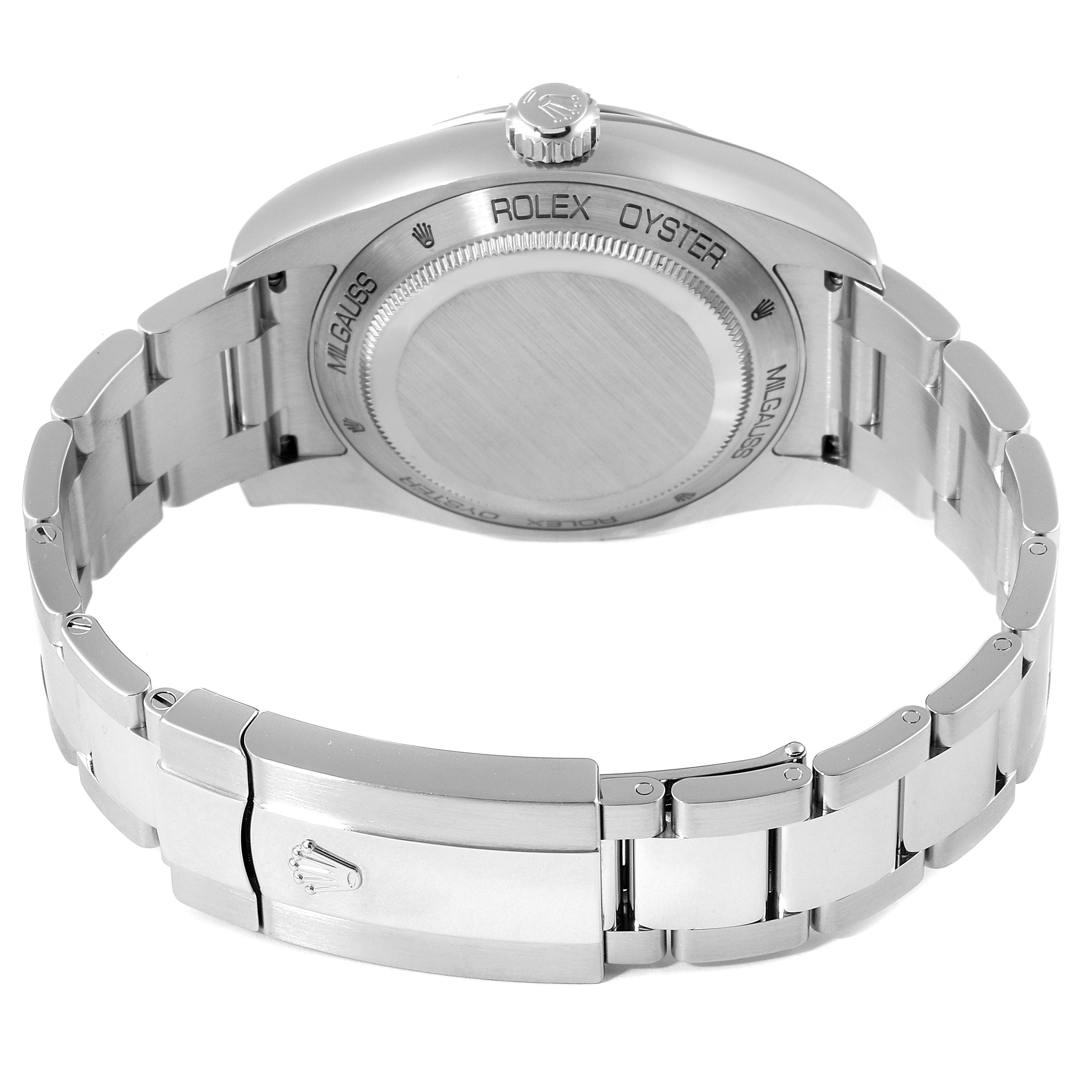 This image shows the back view of a Rolex Milgauss 116400GV Men
s Stainless Steel Blue Dial 116400GV Men
s Stainless Steel Blue Dial watch, highlighting its case back and stainless steel bracelet.