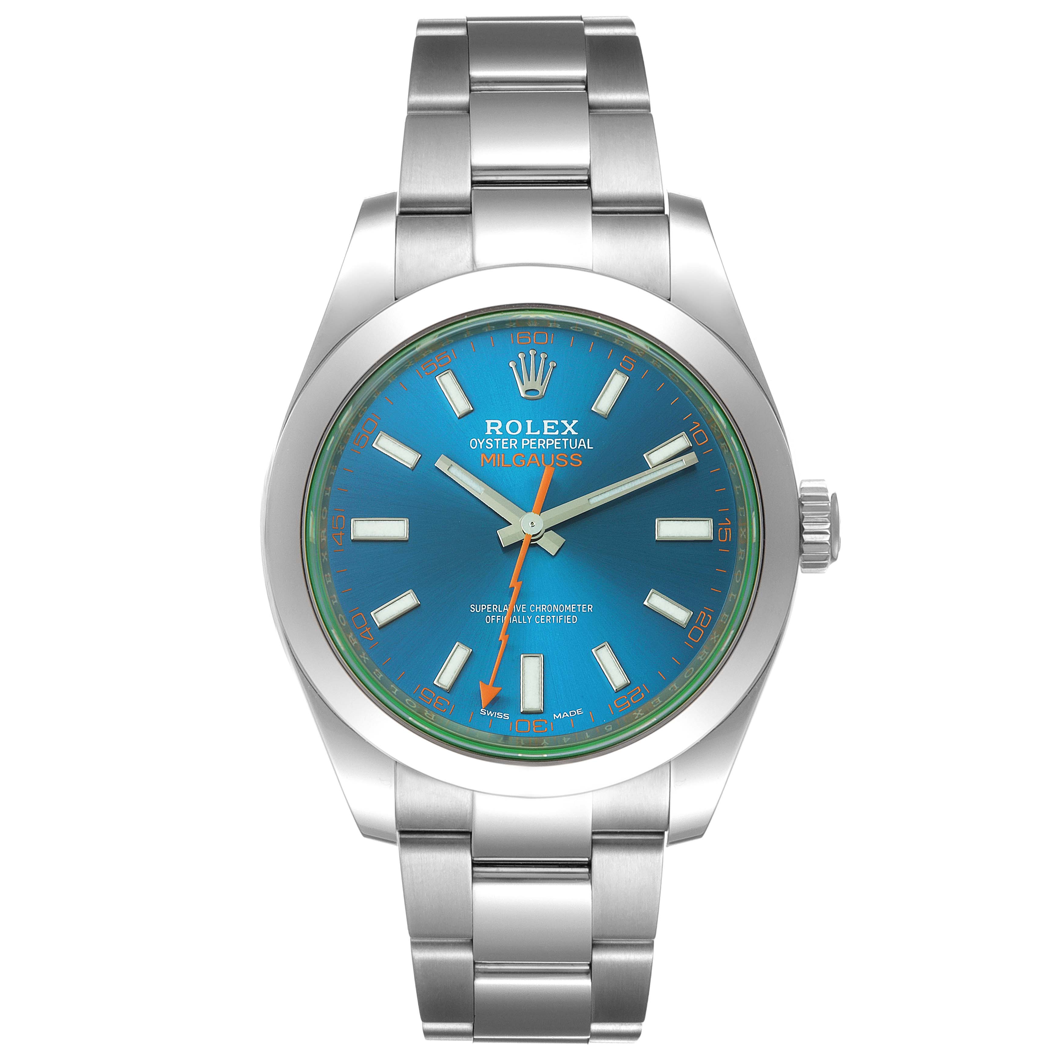 The image shows a front view of the Rolex Milgauss 116400GV Men
s Stainless Steel Blue Dial 116400GV Men
s Stainless Steel Blue Dial watch, highlighting the dial, hands, crown, and bracelet.