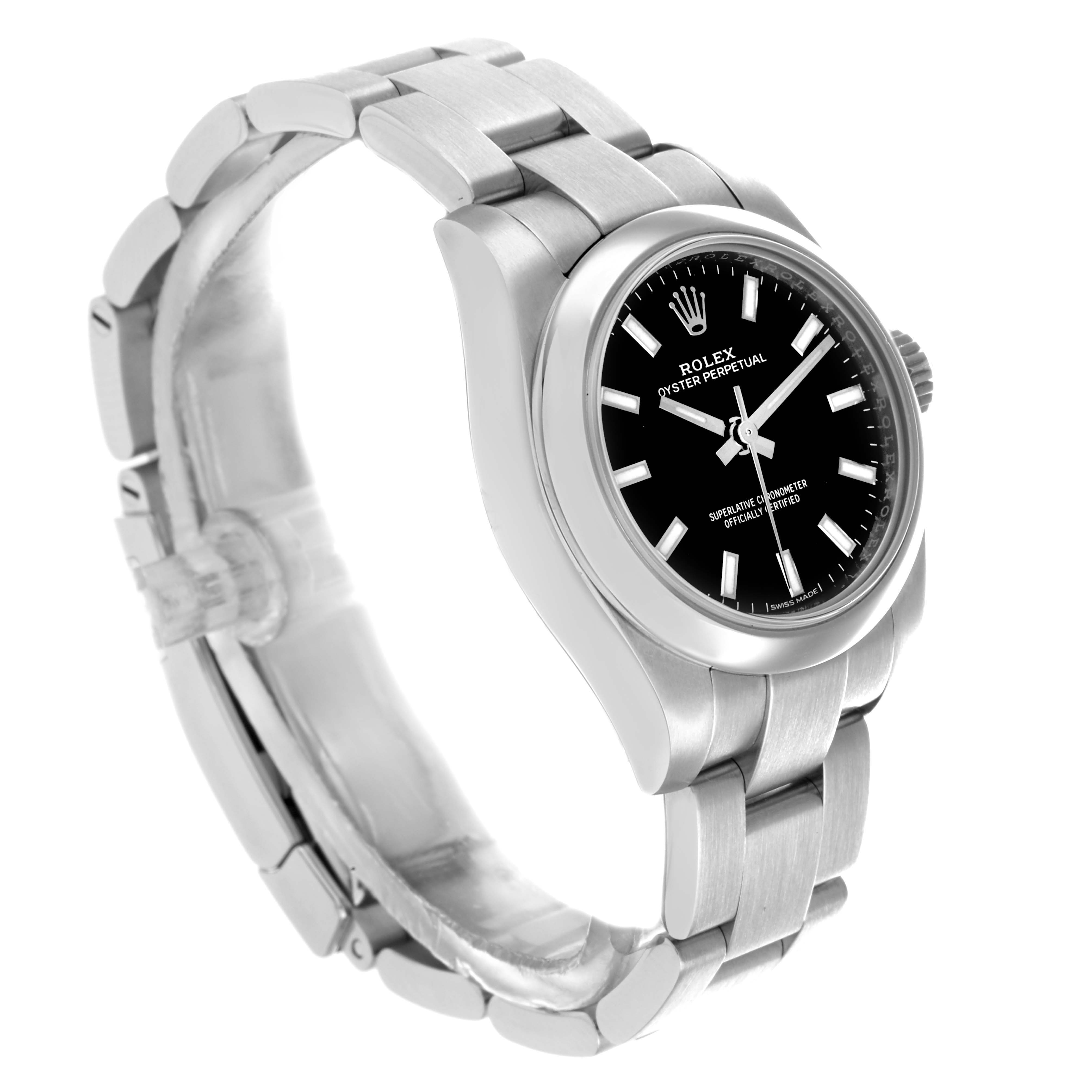 The Rolex Oyster Perpetual 176200 Women
s Stainless Steel Black Dial watch is shown from a three-quarter angled view, highlighting the dial, bezel, and bracelet.