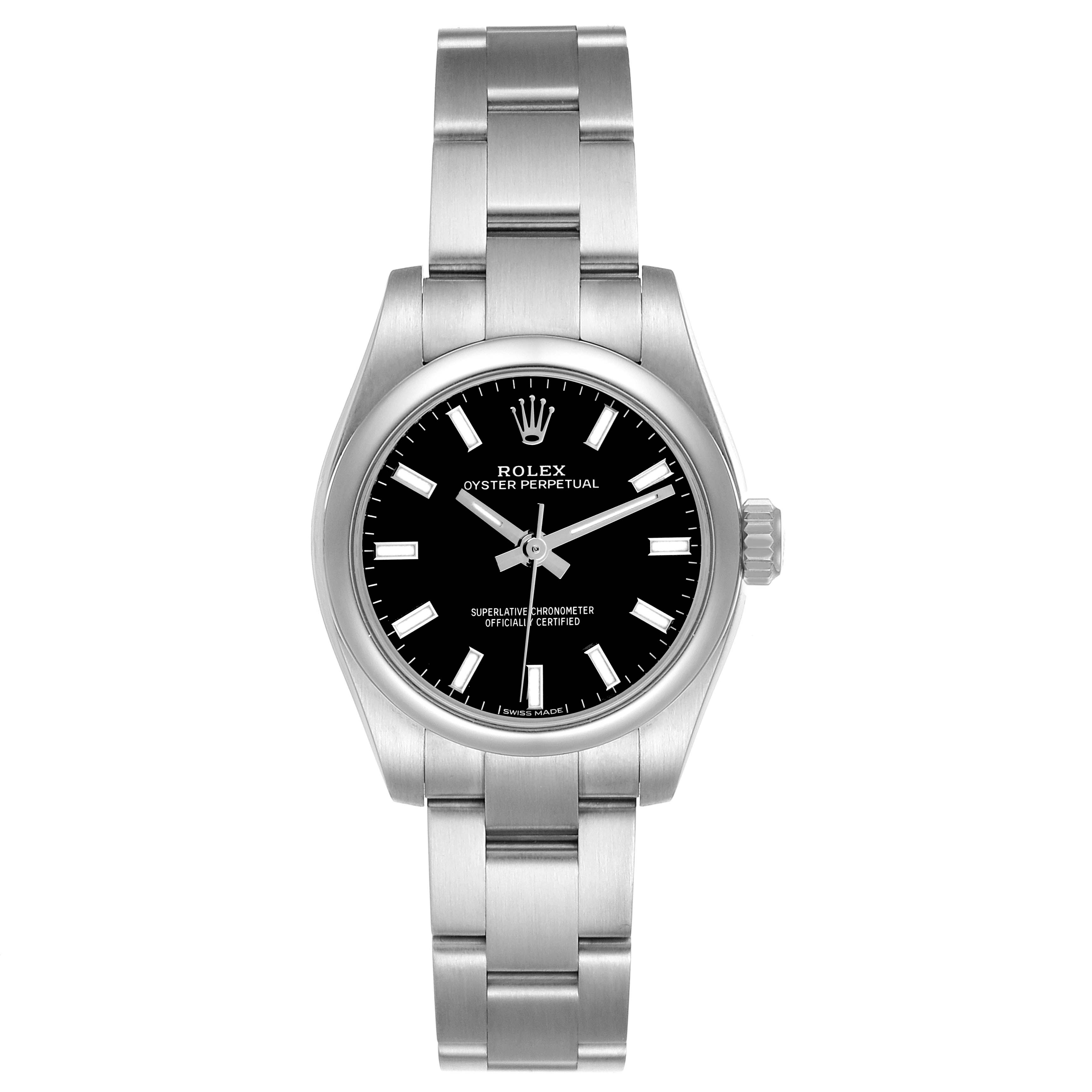The Rolex Oyster Perpetual 176200 Women
s Stainless Steel Black Dial watch is shown from the front, displaying the dial, case, and bracelet.