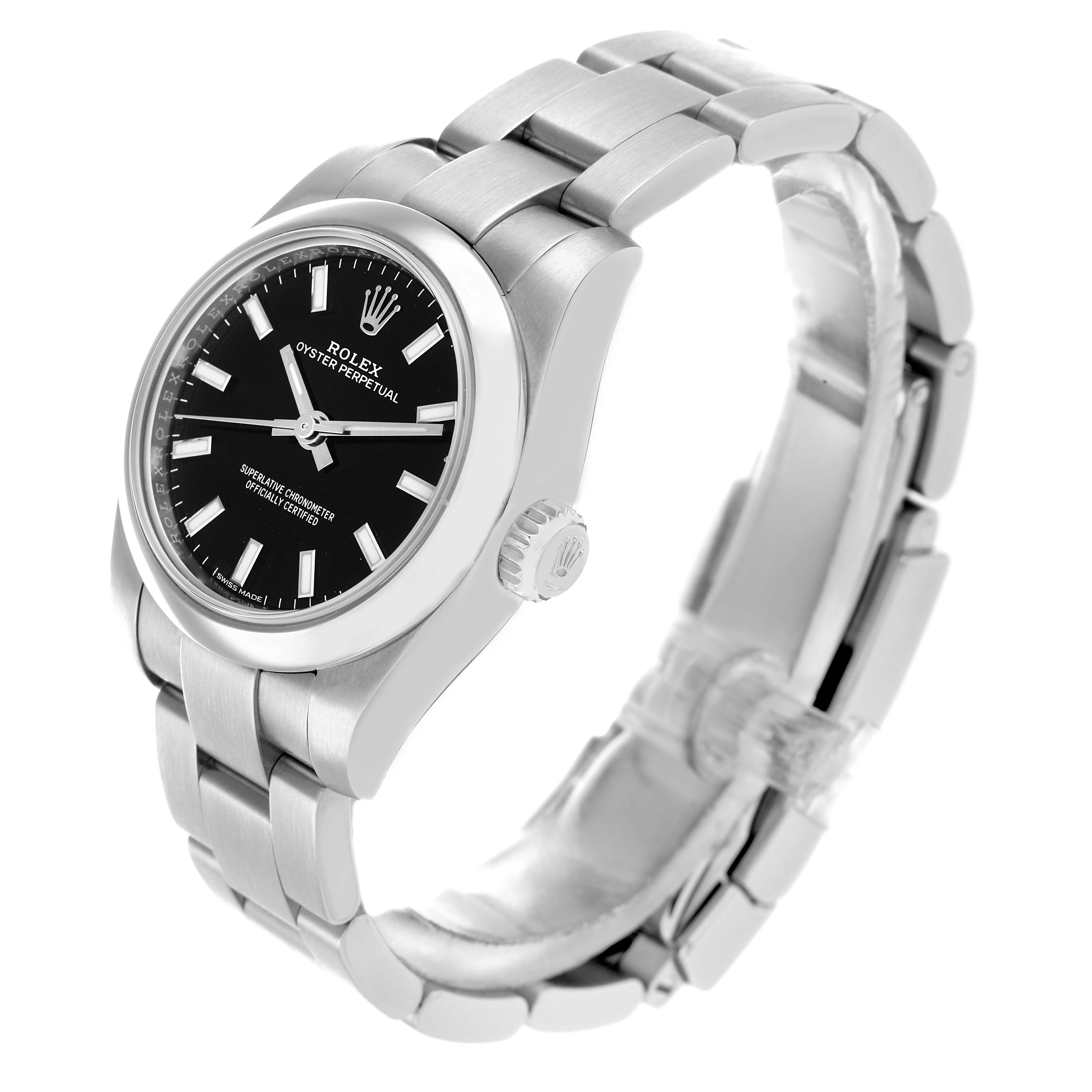 The Rolex Oyster Perpetual 176200 Women
s Stainless Steel Black Dial watch is shown at a three-quarter angle, highlighting the black dial, bezel, crown, and bracelet.