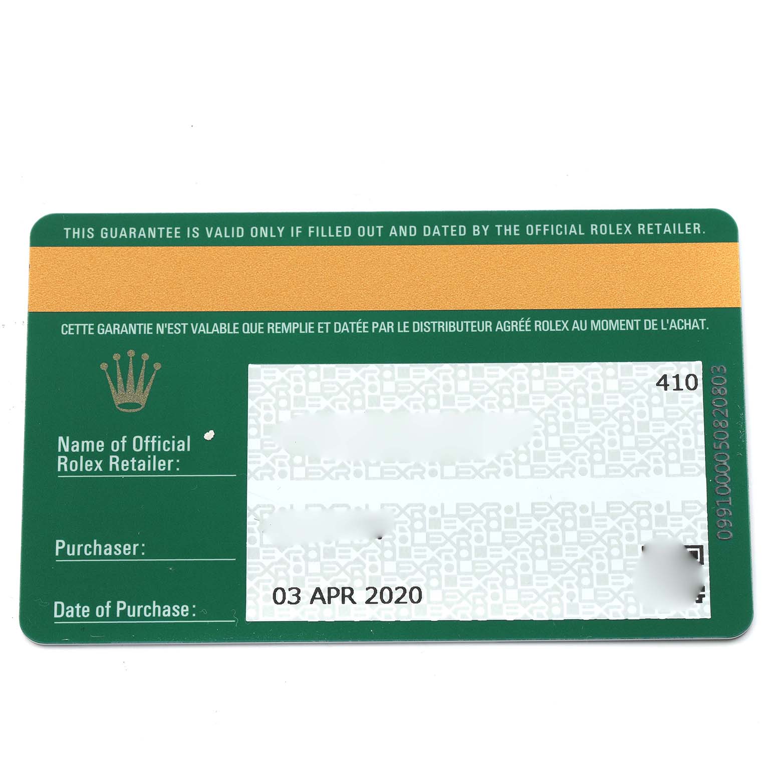 The image shows the warranty card for the Rolex Oyster Perpetual 176200 Women
s Stainless Steel Black Dial, viewed from above.