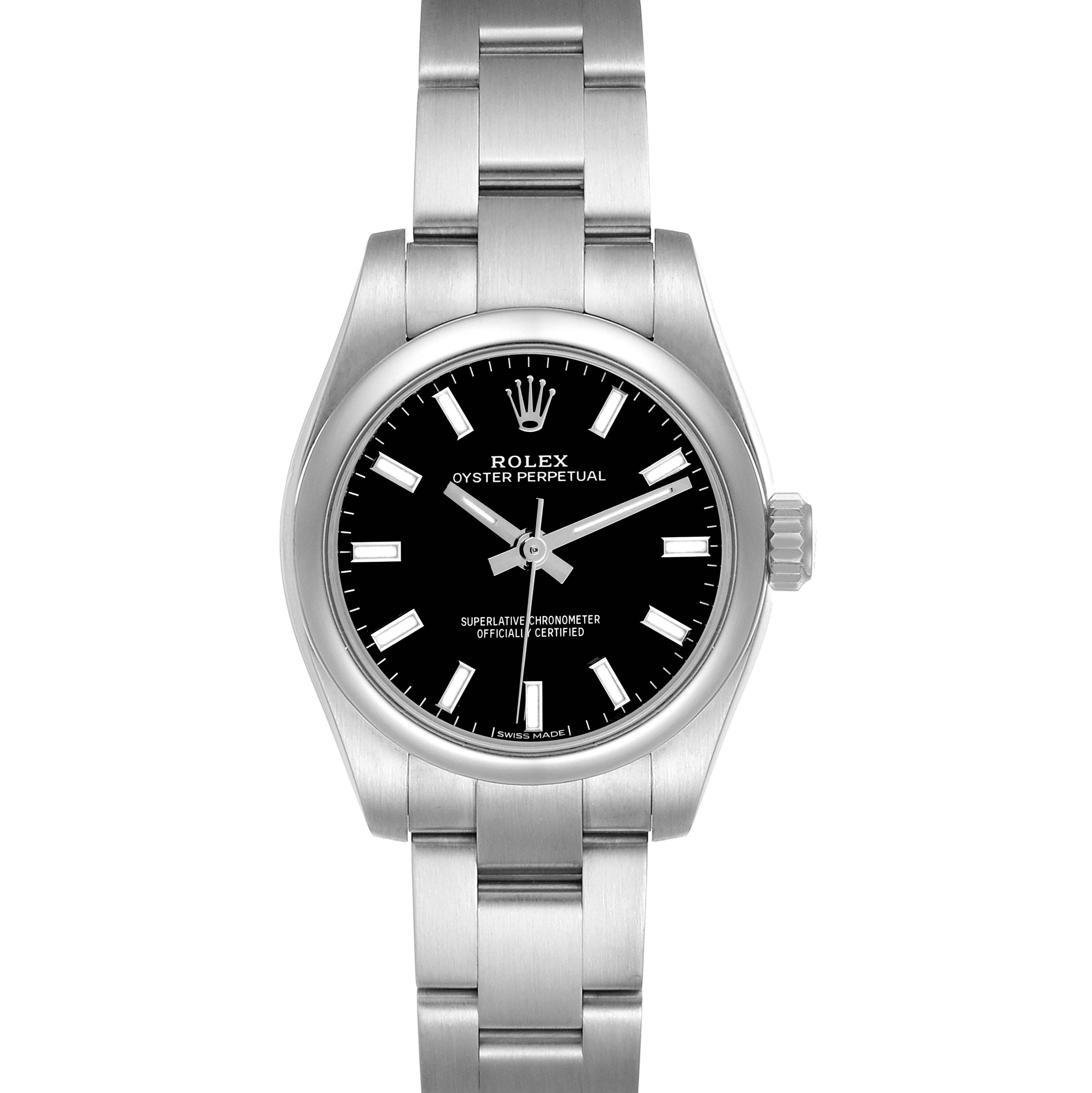 The Rolex Oyster Perpetual 176200 Women
s Stainless Steel Black Dial watch is shown from a front angle, displaying the dial, hands, and full stainless steel bracelet.