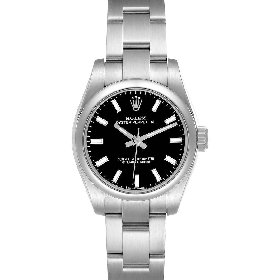 The Rolex Oyster Perpetual 176200 Women's Stainless Steel Black Dial watch is shown from a front angle, displaying the dial, hands, and full stainless steel bracelet.