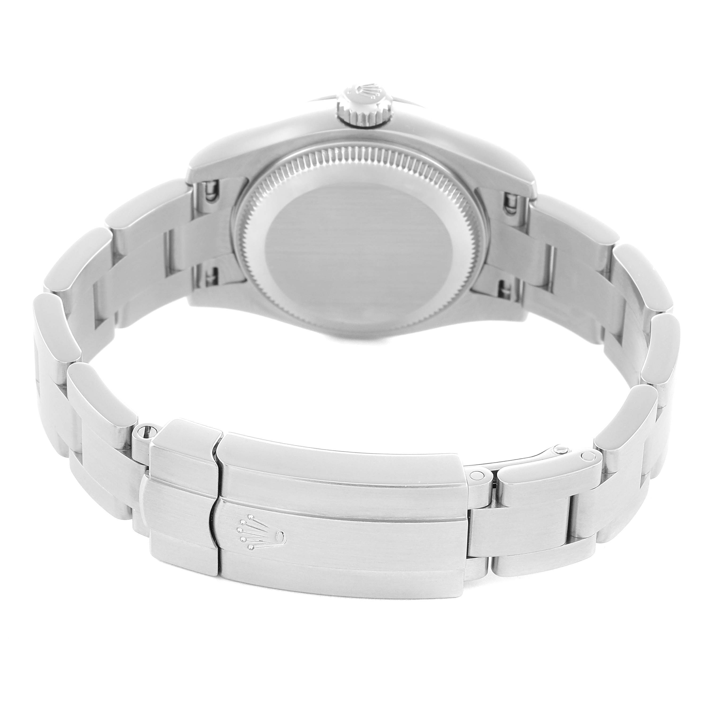 The image shows the back and clasp of a Rolex Oyster Perpetual 176200 Women
s Stainless Steel Black Dial watch, highlighting the bracelet and case back.