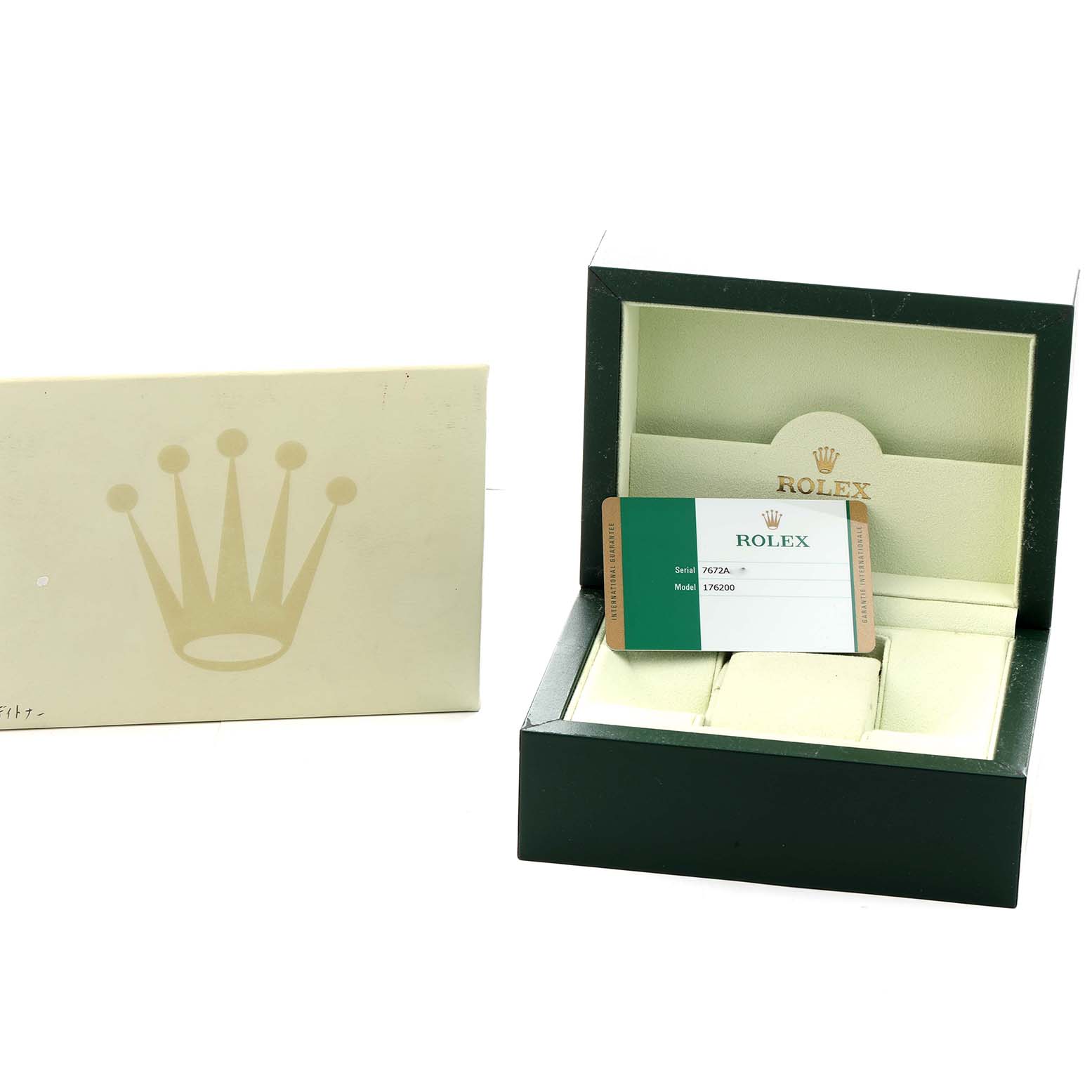 The image shows the packaging and a card for a Rolex Oyster Perpetual 176200 Women
s Stainless Steel Black Dial, with the watch box open and the warranty card visible.