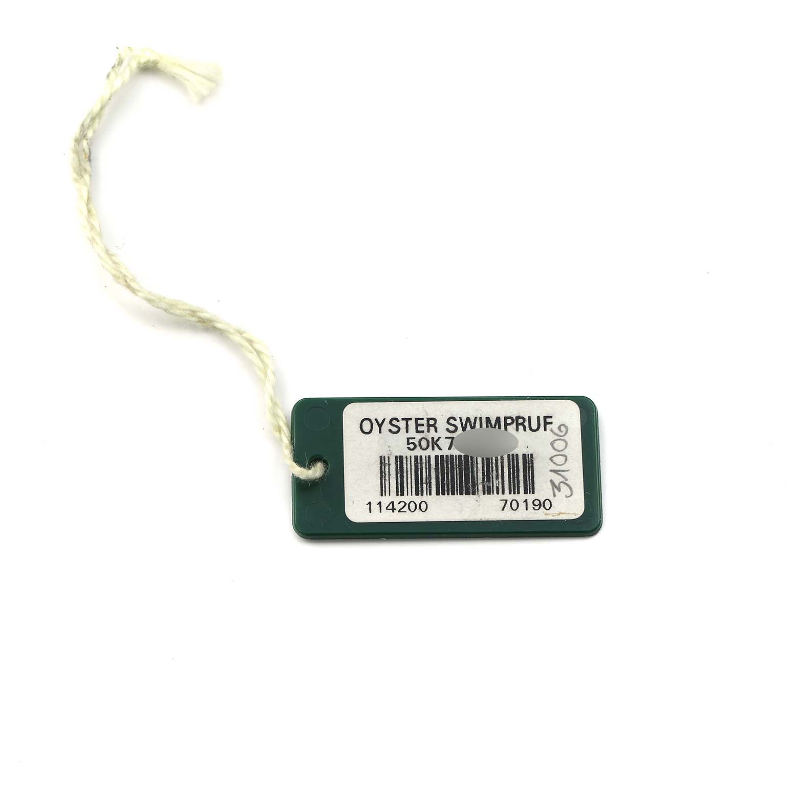 The image shows a tag for a Rolex Oyster Perpetual 114200 Men's Stainless Steel White Dial watch, featuring the "Oyster Swimpruf" label and barcode.