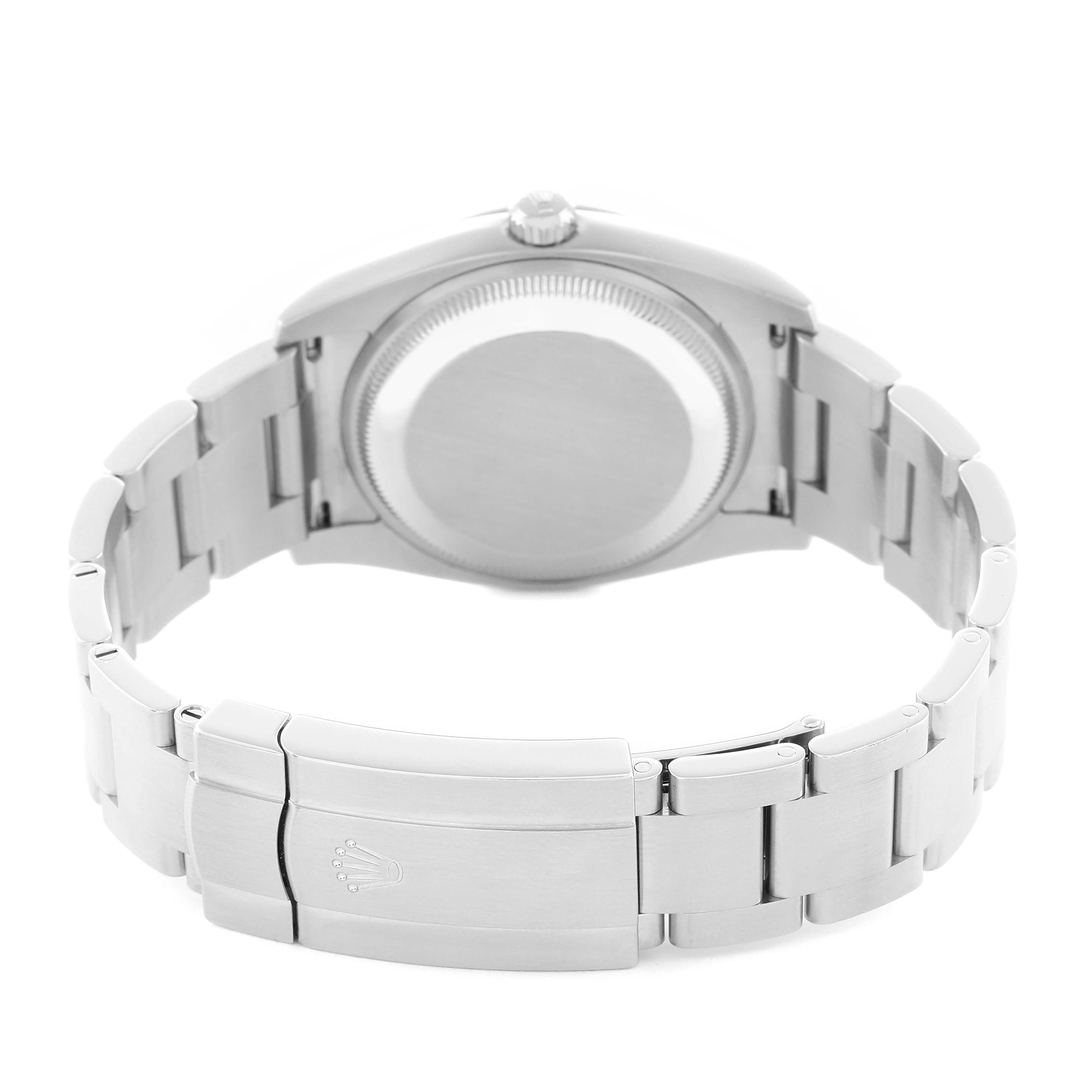 The image shows the back of a Rolex Oyster Perpetual 114200 Men's Stainless Steel White Dial watch, featuring the clasp and bracelet.