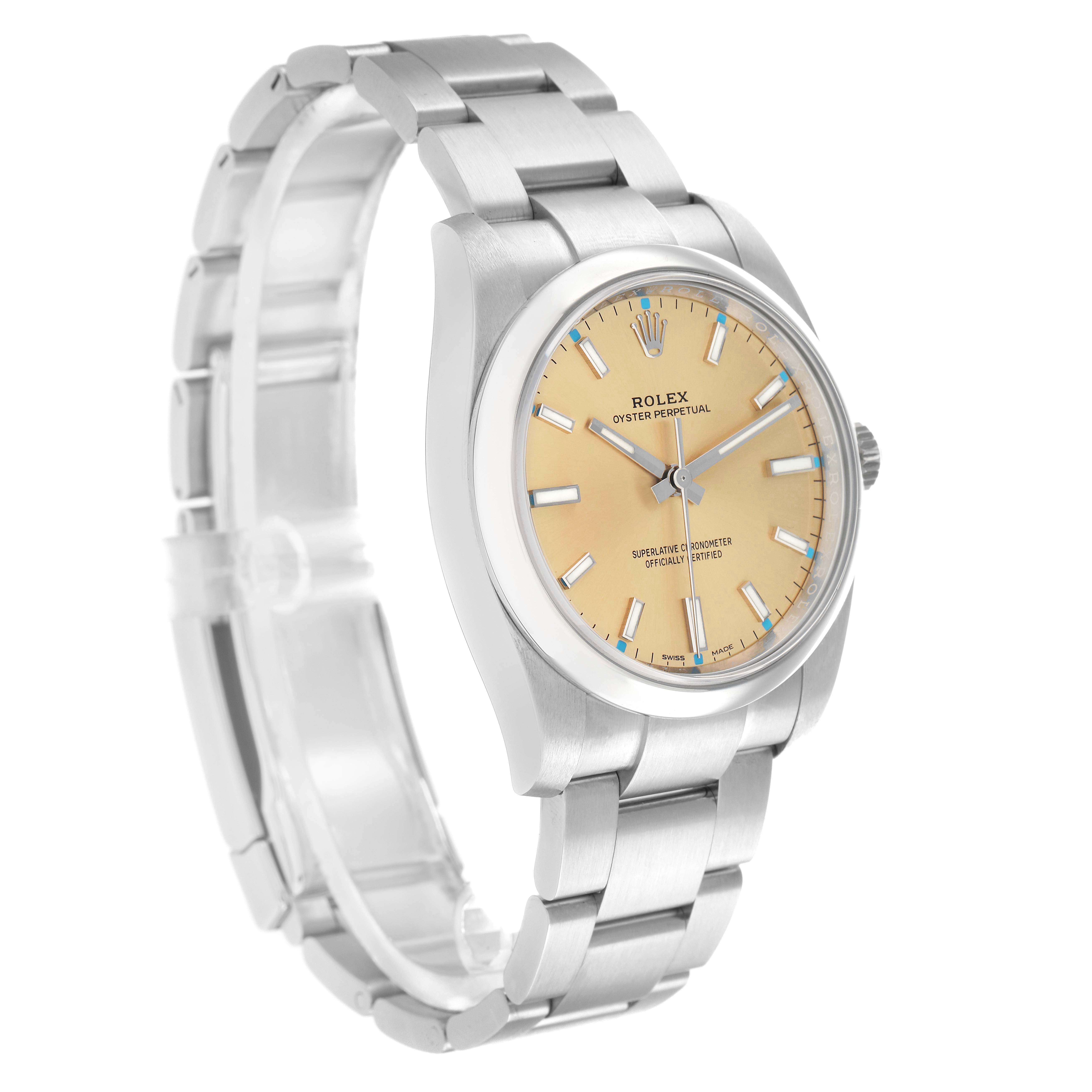 The Rolex Oyster Perpetual 114200 Men's Stainless Steel White Dial watch is shown at a slight angle, displaying the face, bezel, and part of the bracelet.