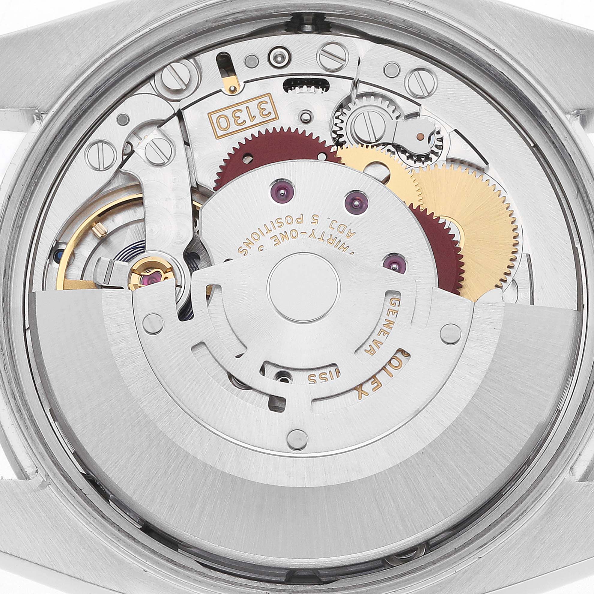 The image shows a detailed view of the movement mechanism of a Rolex Oyster Perpetual 114200 Men's Stainless Steel White Dial watch from the rear.