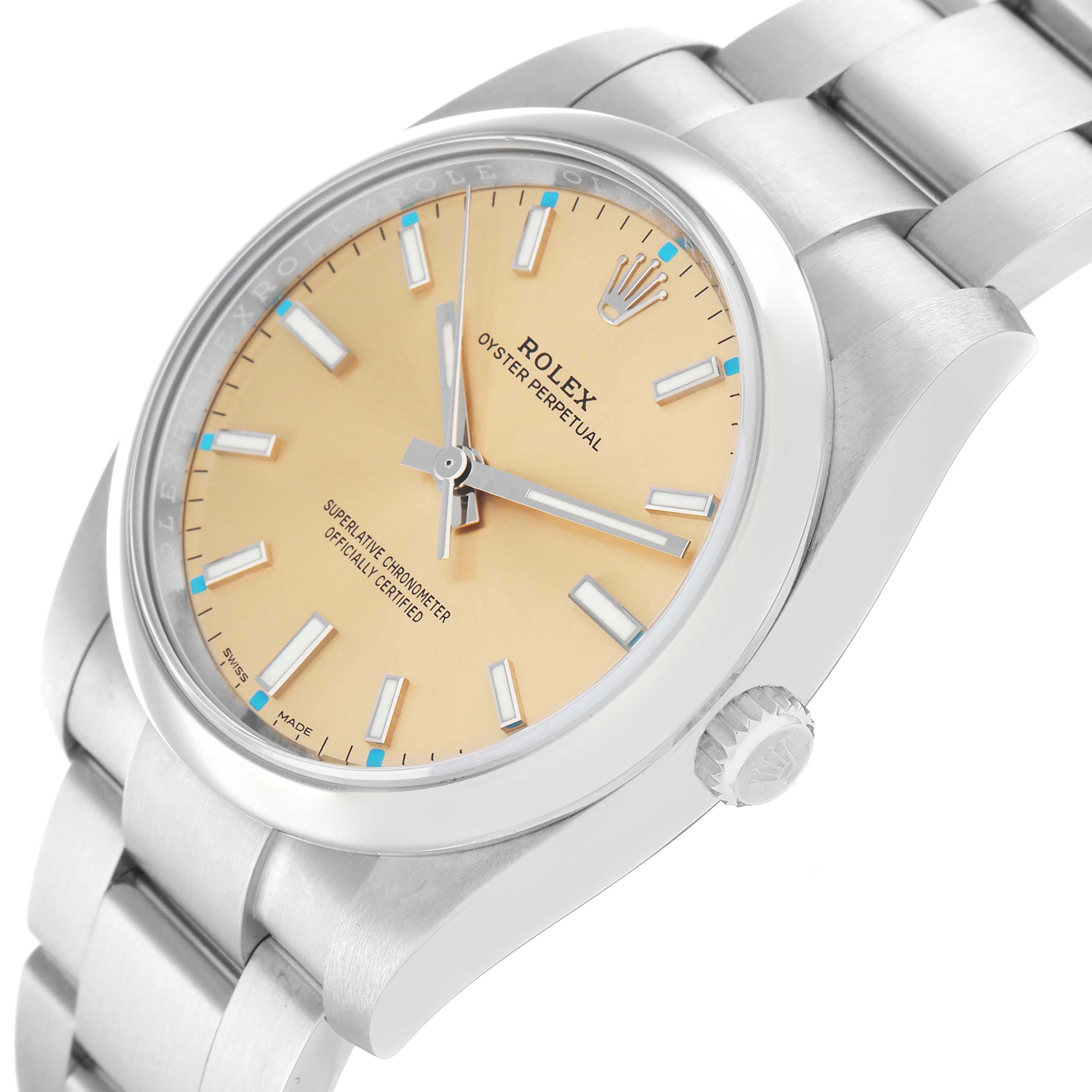 The Rolex Oyster Perpetual 114200 Men's Stainless Steel White Dial watch is shown at an angled view, highlighting its face, bracelet, and crown.