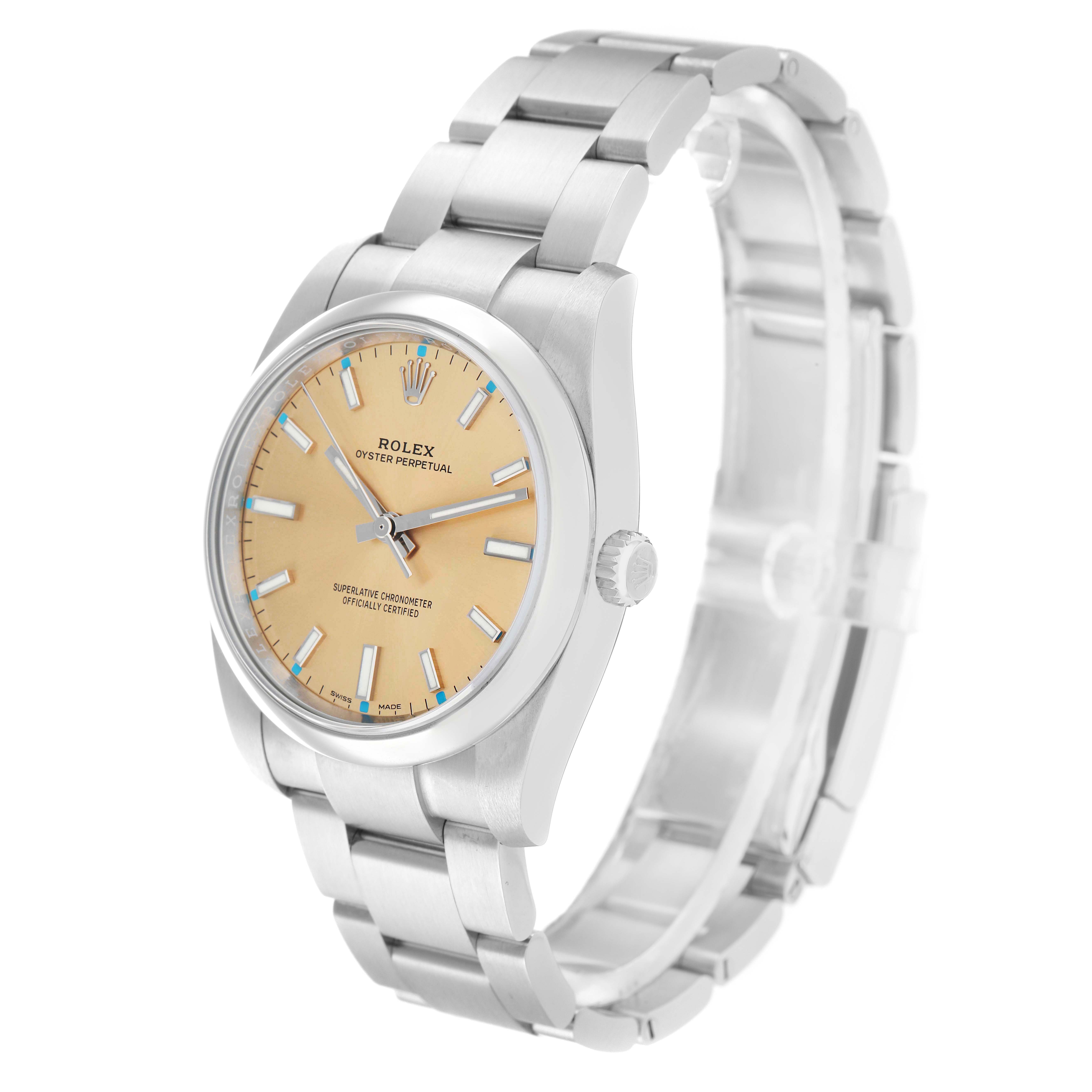 The Rolex Oyster Perpetual 114200 Men's Stainless Steel White Dial watch is shown at a front angle, highlighting the dial, case, bracelet, and crown.