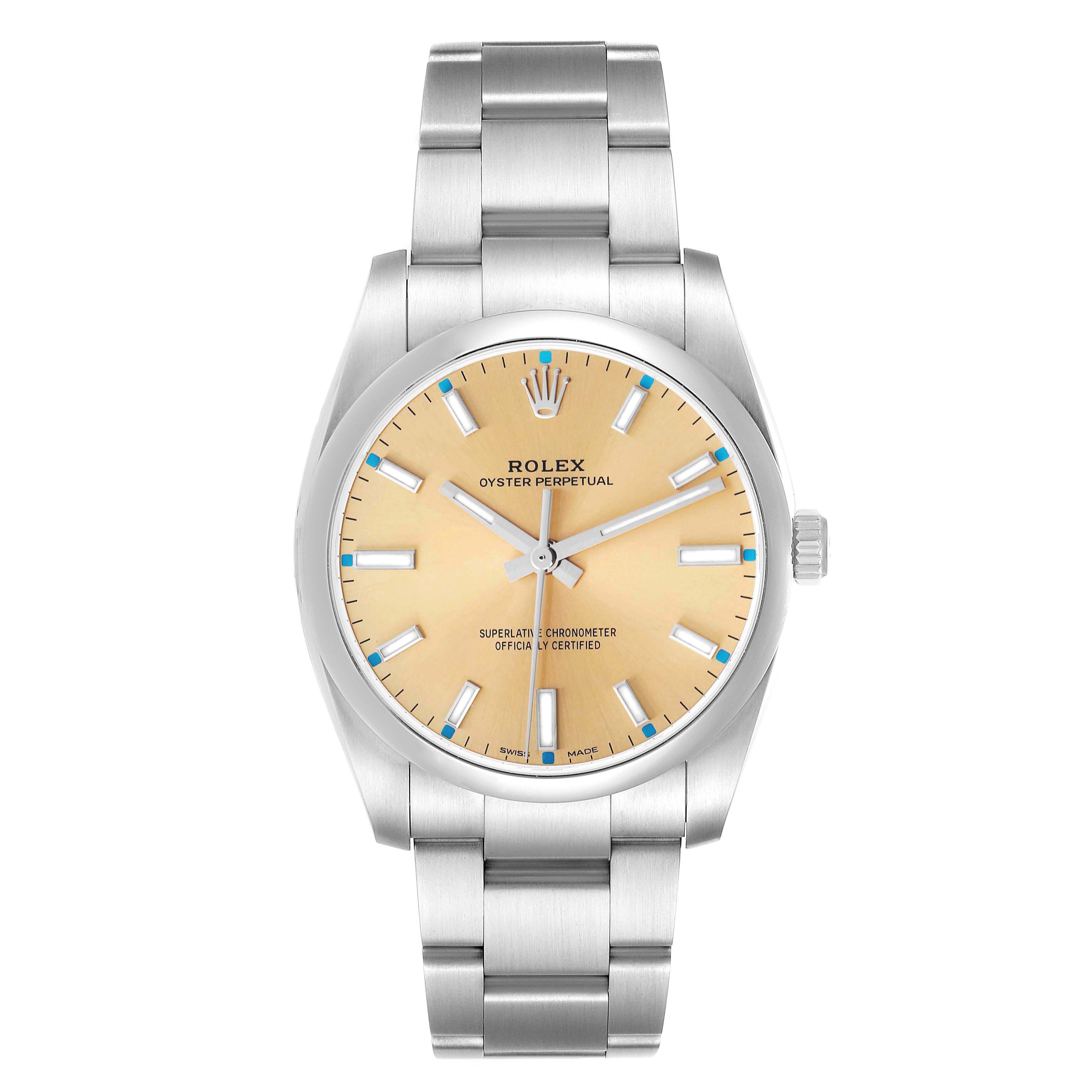 The Rolex Oyster Perpetual 114200 Men's Stainless Steel White Dial watch is shown from the front, highlighting its dial, hands, case, and bracelet.