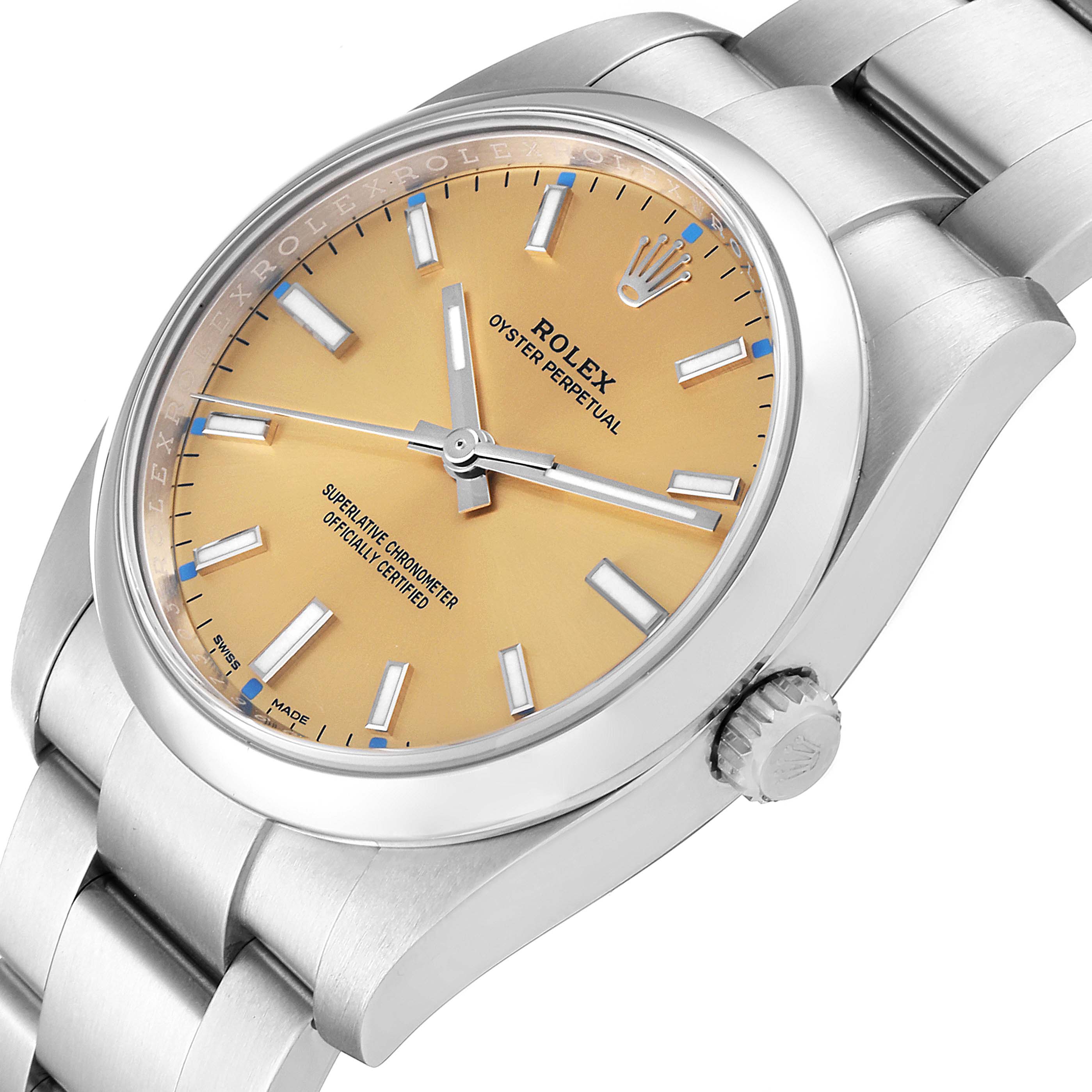 The image shows a close-up, angled view of the dial and bracelet of the Rolex Oyster Perpetual 114200 Men's Stainless Steel Champagne Dial 114200 Men's Stainless Steel Champagne Dial watch.