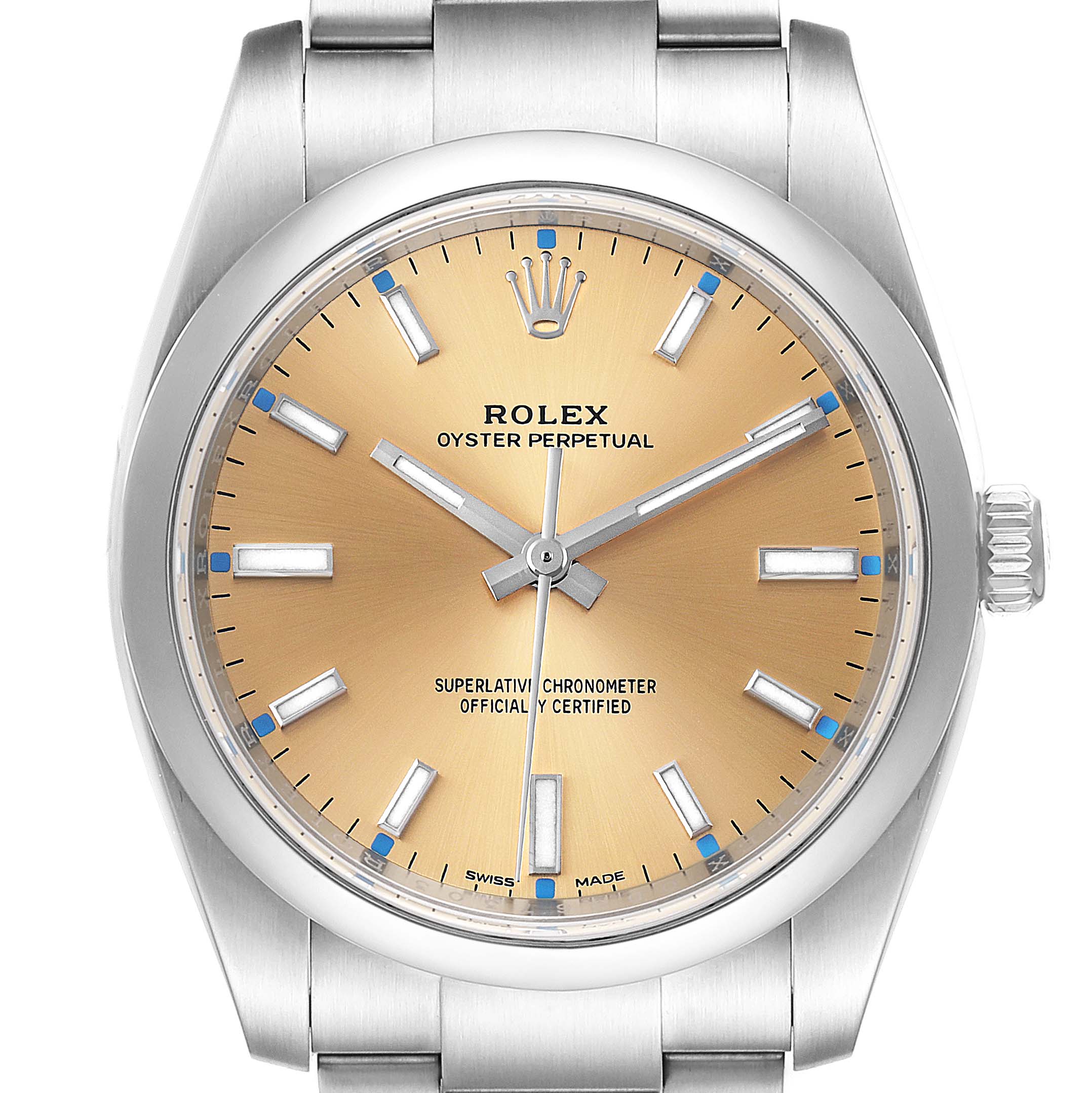 The image shows a front view of a Rolex Oyster Perpetual 114200 Men's Stainless Steel Champagne Dial 114200 Men's Stainless Steel Champagne Dial watch, highlighting its champagne dial, markers, hands, and stainless steel bracelet.