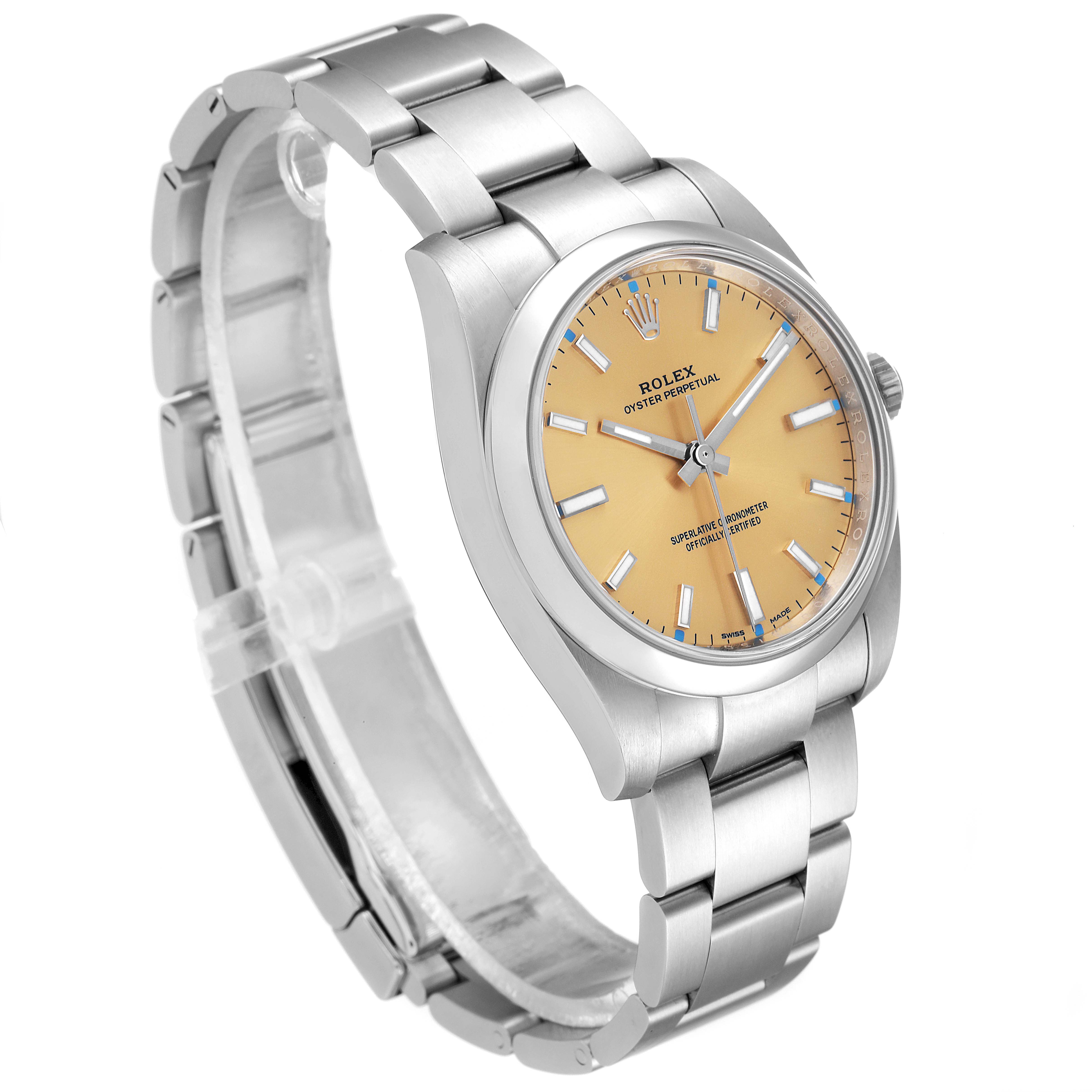 The image shows a Rolex Oyster Perpetual 114200 Men's Stainless Steel Champagne Dial 114200 Men's Stainless Steel Champagne Dial watch angled slightly from the front left, displaying its face, bracelet, and crown.