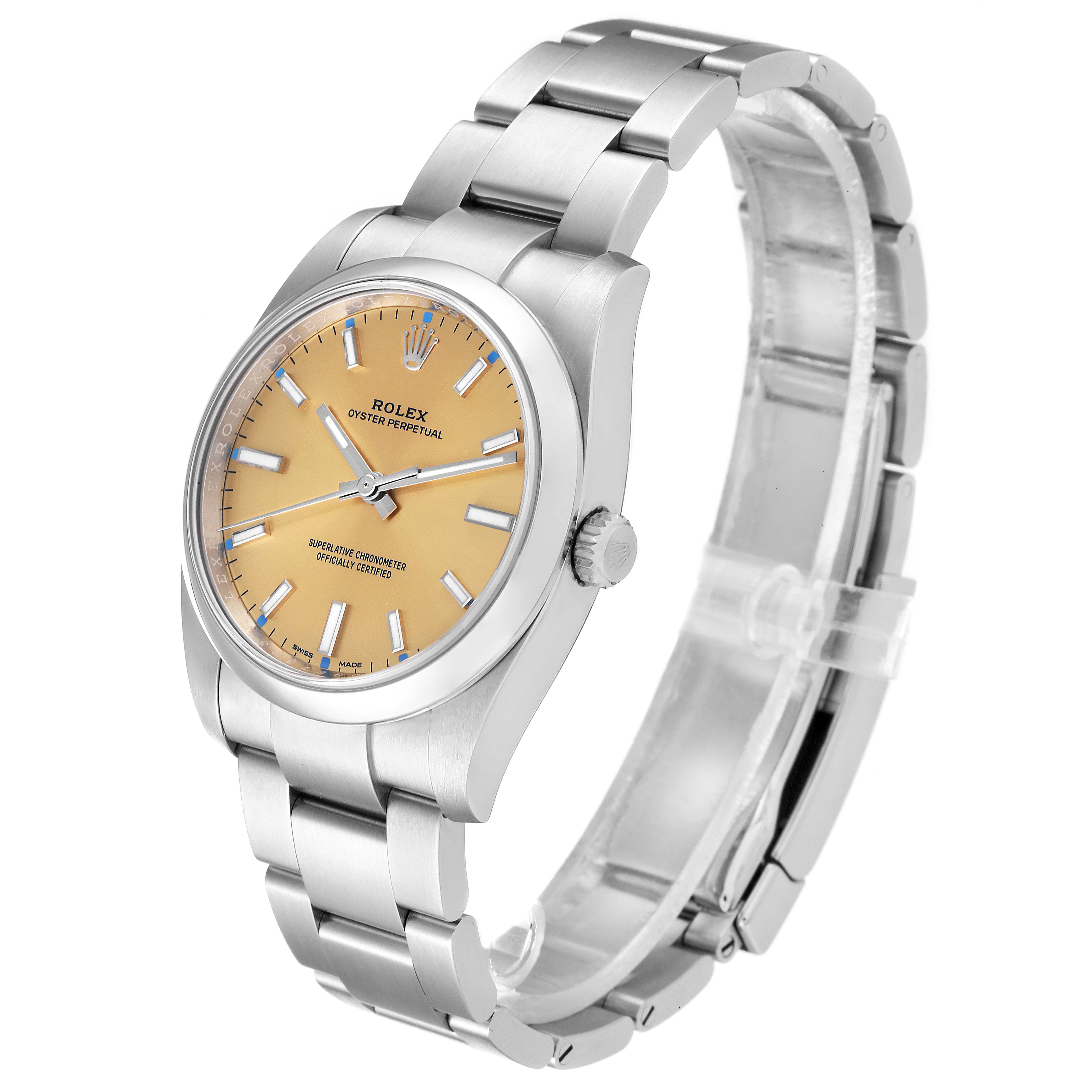 The image shows a side angle of the Rolex Oyster Perpetual 114200 Men's Stainless Steel Champagne Dial 114200 Men's Stainless Steel Champagne Dial watch, highlighting the bracelet and dial.