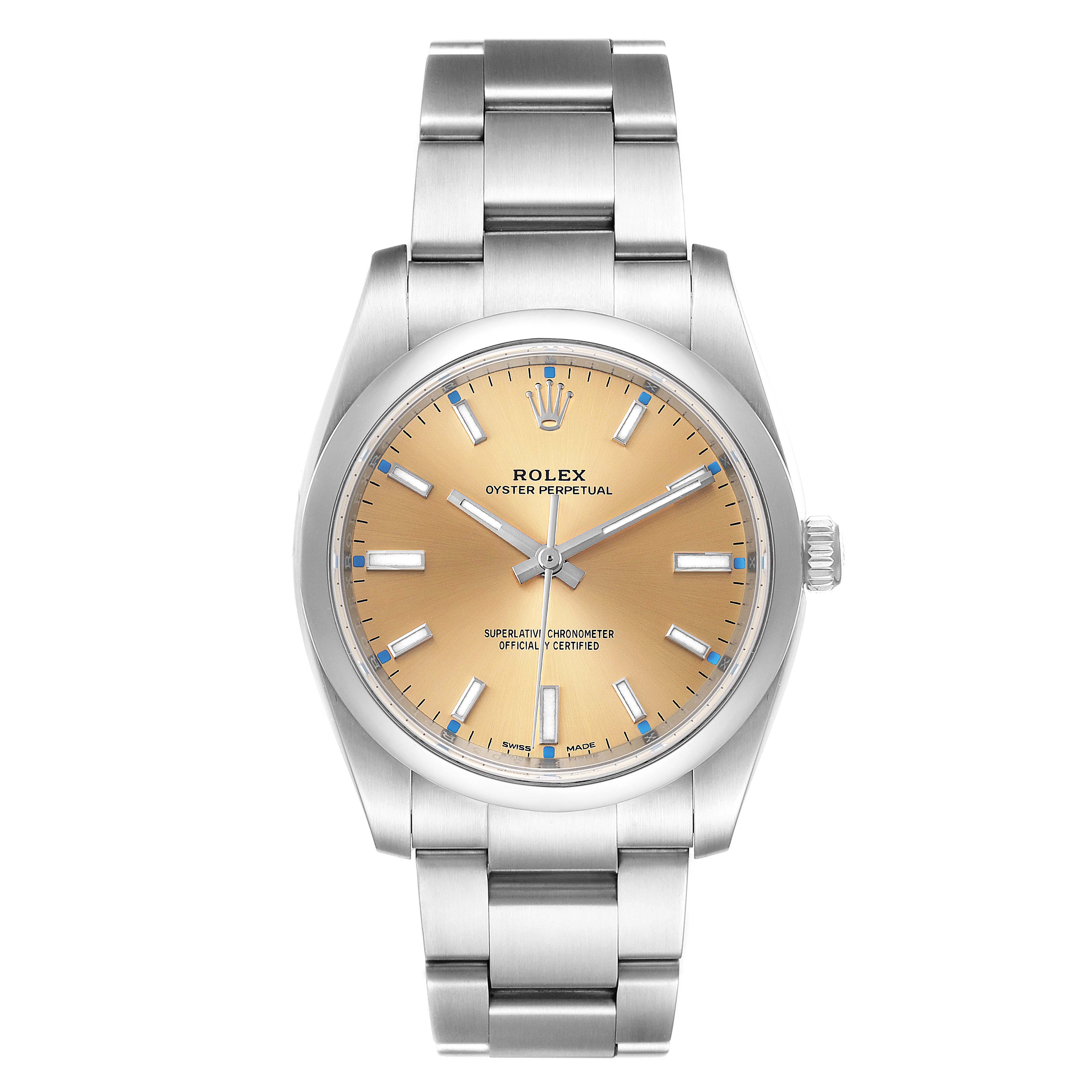 This image shows a front view of a Rolex Oyster Perpetual 114200 Men's Stainless Steel Champagne Dial 114200 Men's Stainless Steel Champagne Dial watch, highlighting its dial, bezel, and bracelet.