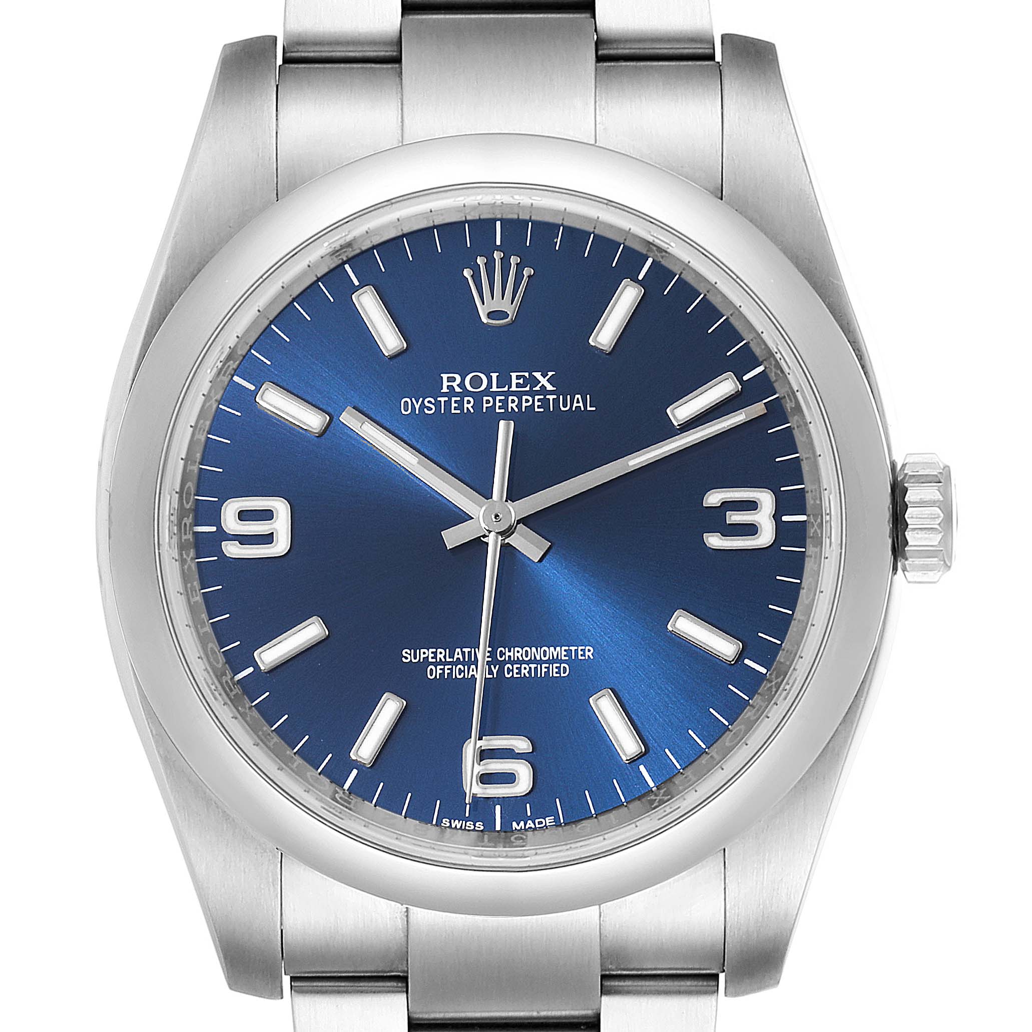 The image shows a front view of the Rolex Oyster Perpetual 116000 Men
s Stainless Steel Blue Dial 116000 Men
s Stainless Steel Blue Dial watch, highlighting its blue dial, hour markers, and bracelet.