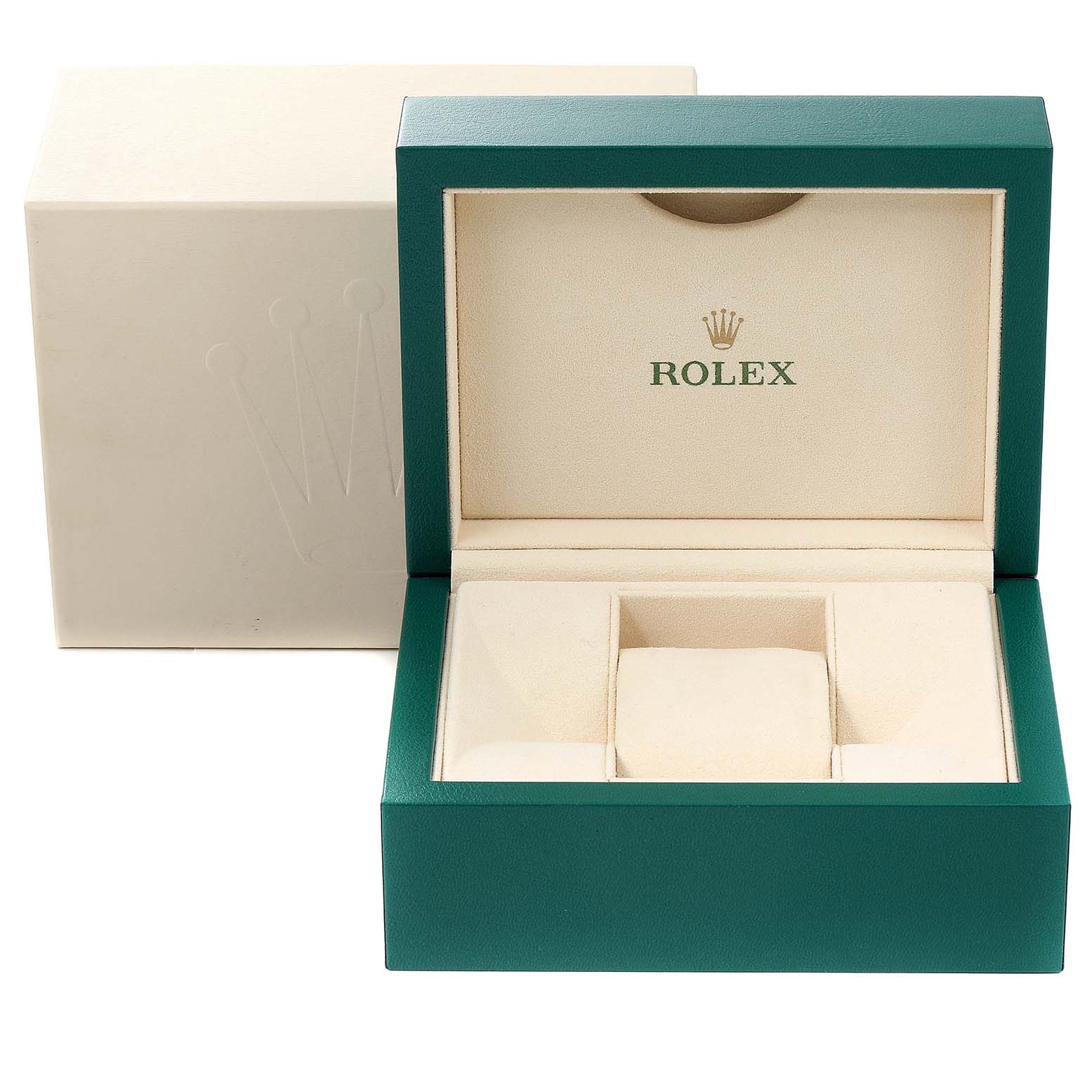 The image shows an open green and beige Rolex watch box for the Oyster Perpetual model.