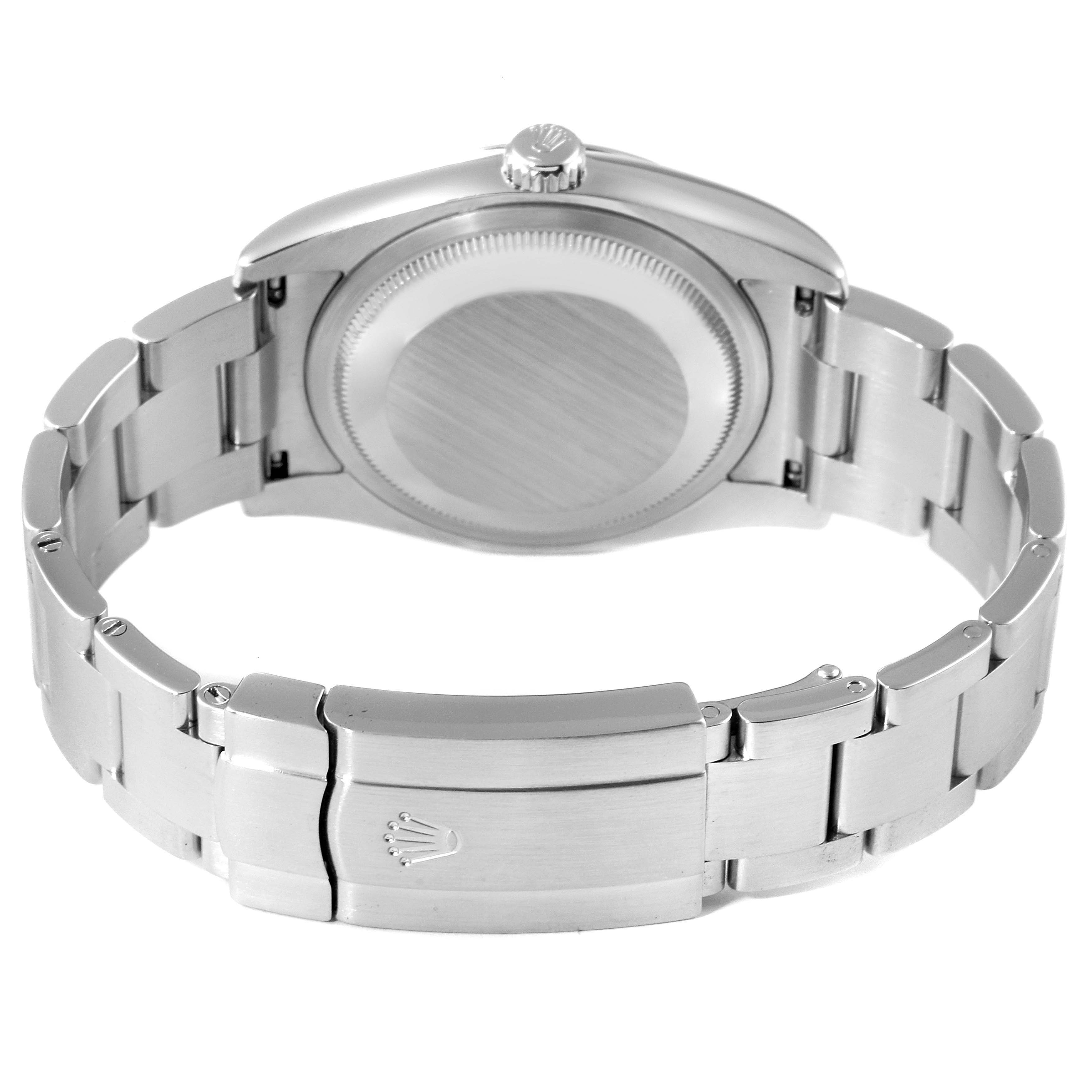 This image shows the back view and bracelet clasp of the Rolex Oyster Perpetual 116000 Men
s Stainless Steel Blue Dial 116000 Men
s Stainless Steel Blue Dial watch.