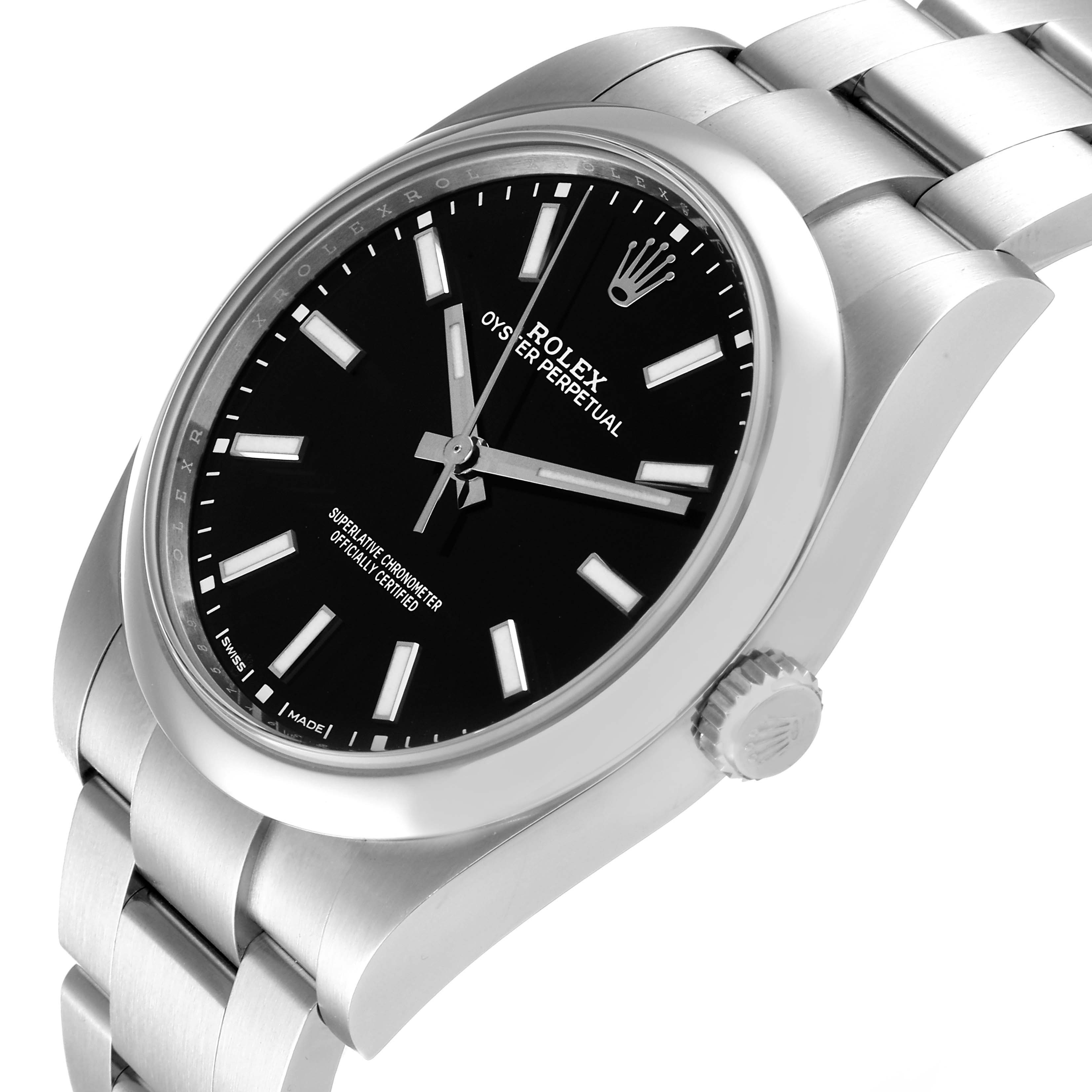 The Rolex Oyster Perpetual 114300 Men's Stainless Steel Black Dial 114300 Men's Stainless Steel Black Dial watch is shown at an angle displaying the face, crown, and part of the bracelet.