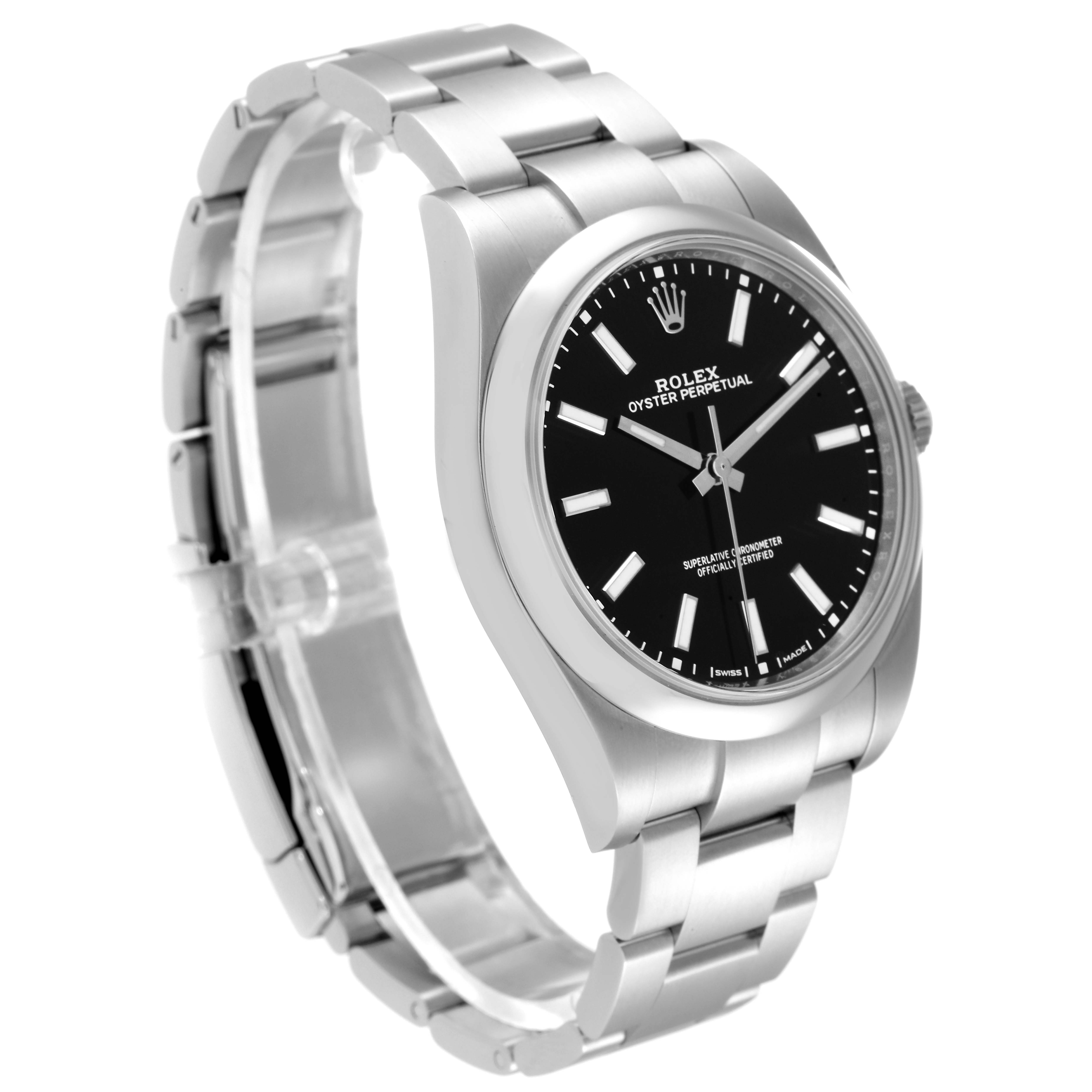 The image shows a Rolex Oyster Perpetual 114300 Men's Stainless Steel Black Dial 114300 Men's Stainless Steel Black Dial watch from a side angle, highlighting the black dial, stainless steel case, and bracelet.