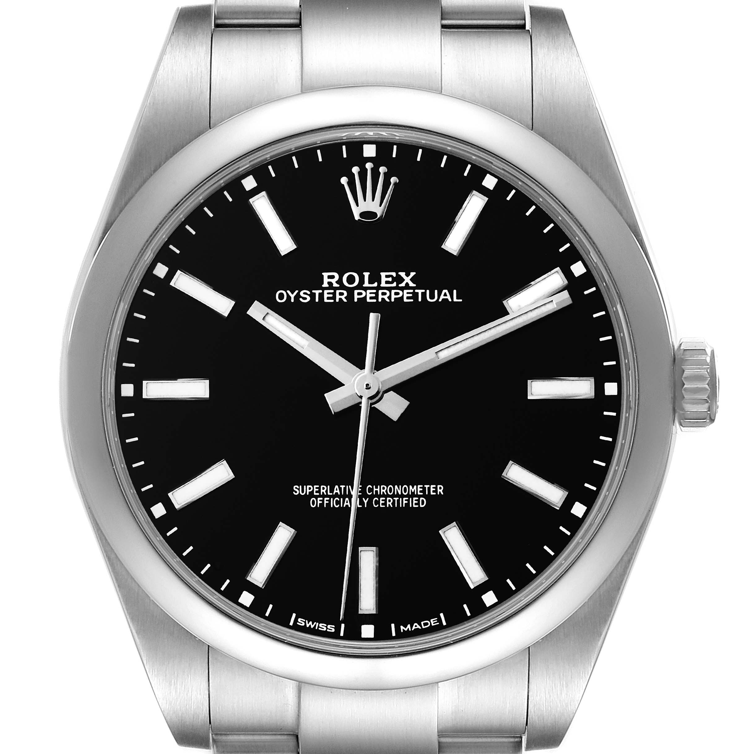 This image shows a front view of the Rolex Oyster Perpetual 114300 Men's Stainless Steel Black Dial 114300 Men's Stainless Steel Black Dial watch, highlighting its face, hands, and part of its bracelet.