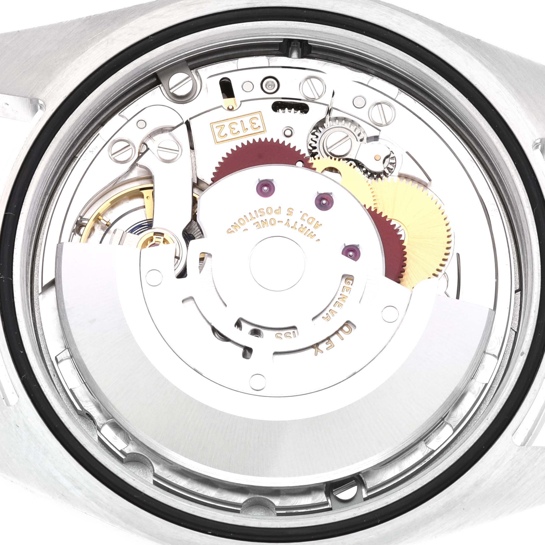 This image shows the movement and internal mechanism of a Rolex Oyster Perpetual 114300 Men's Stainless Steel Black Dial 114300 Men's Stainless Steel Black Dial watch viewed from the back.