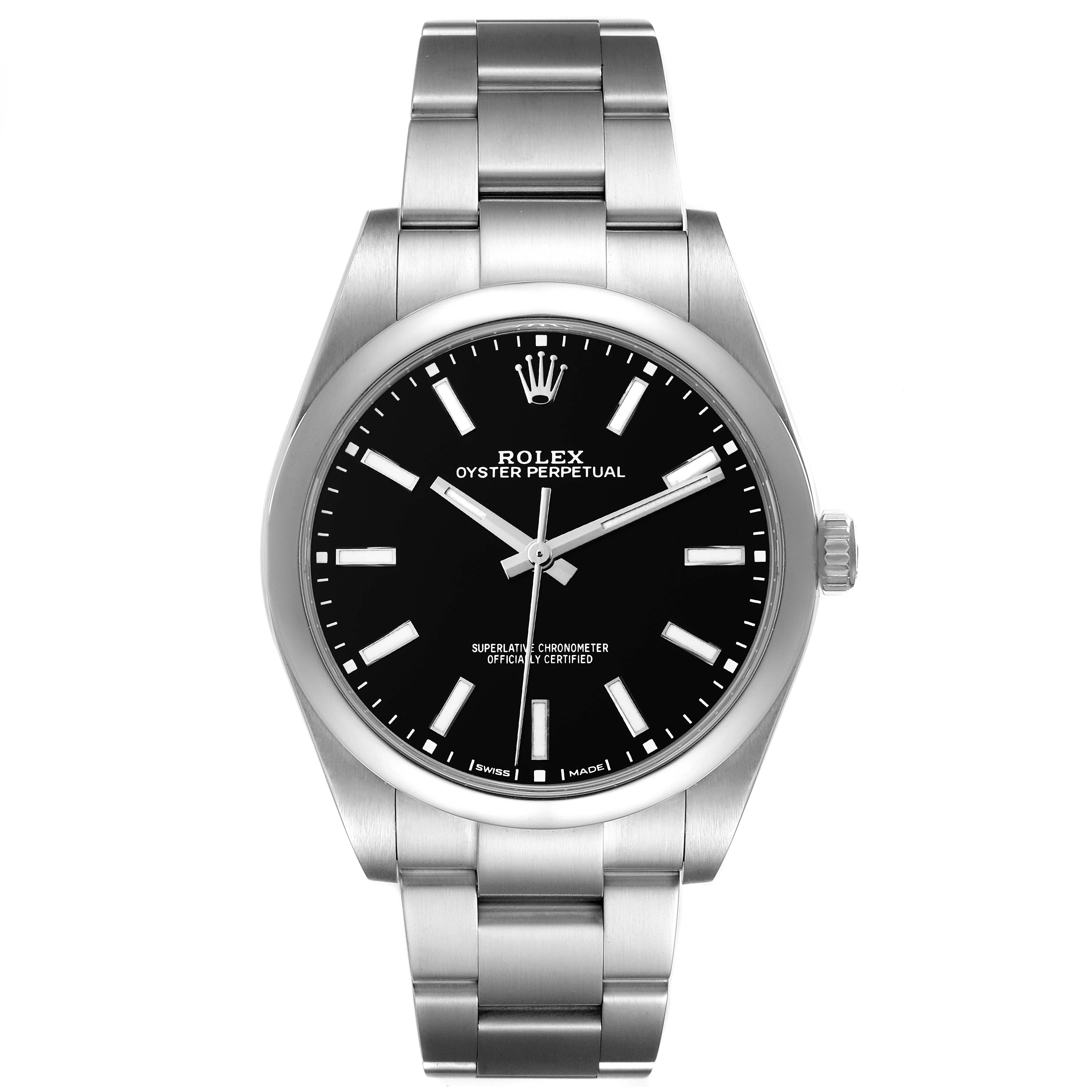 The image shows a front view of a Rolex Oyster Perpetual 114300 Men's Stainless Steel Black Dial 114300 Men's Stainless Steel Black Dial watch, including the dial, hands, and bracelet.