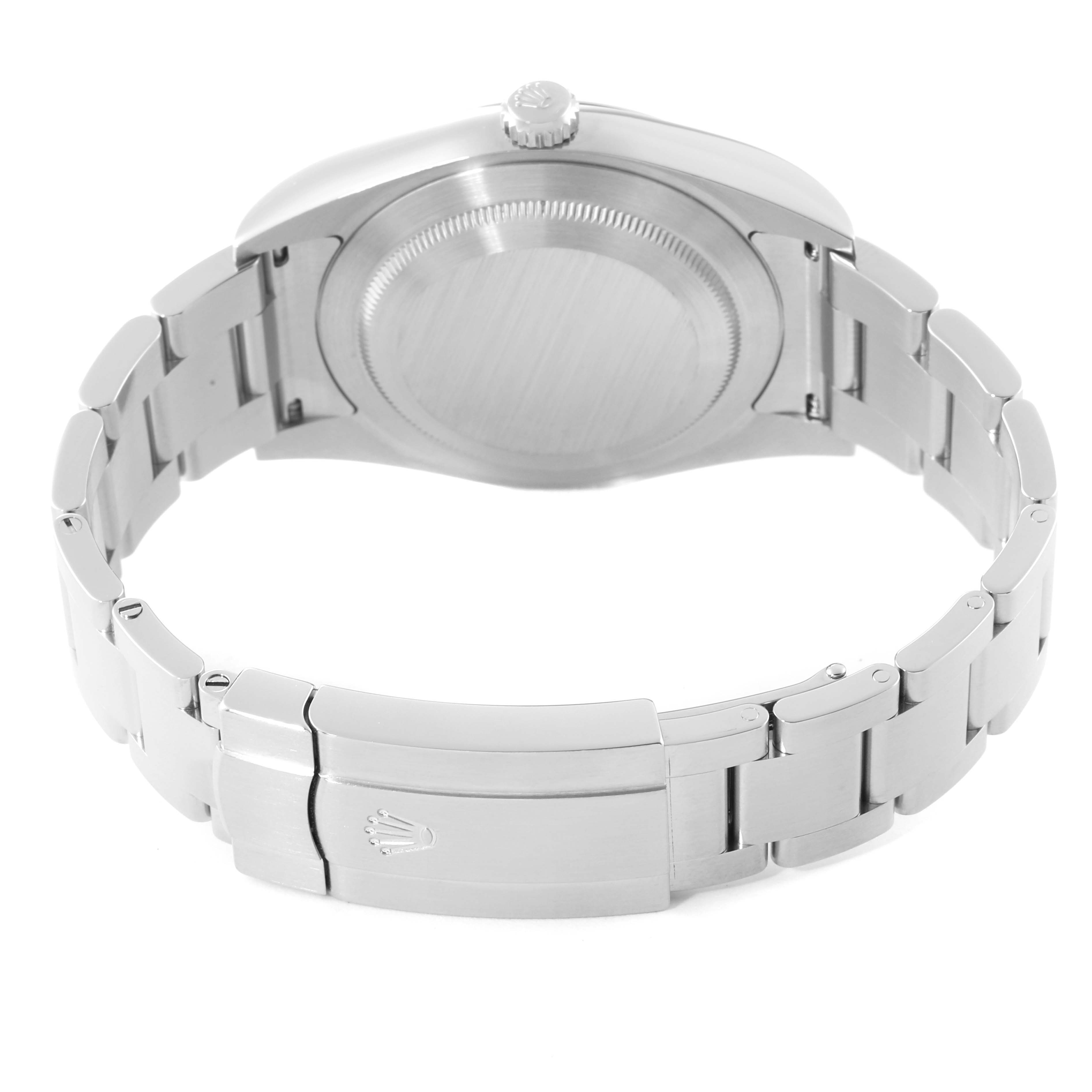 This image shows the back view of a Rolex Oyster Perpetual 114300 Men's Stainless Steel Black Dial 114300 Men's Stainless Steel Black Dial watch, displaying its case back, bracelet, and clasp.