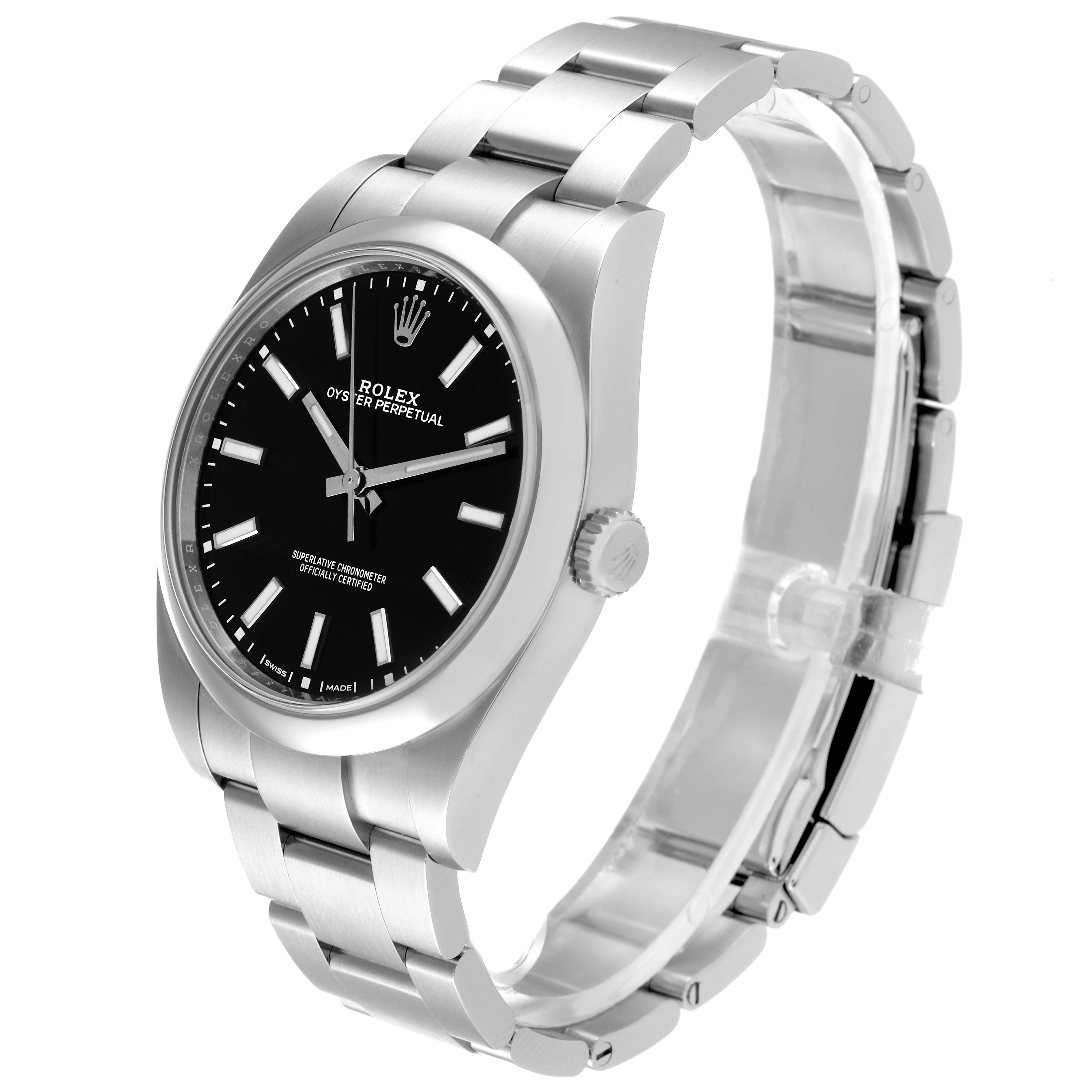 The image shows a side angled view of a Rolex Oyster Perpetual 114300 Men's Stainless Steel Black Dial 114300 Men's Stainless Steel Black Dial watch, highlighting the black dial, silver bracelet, and crown.