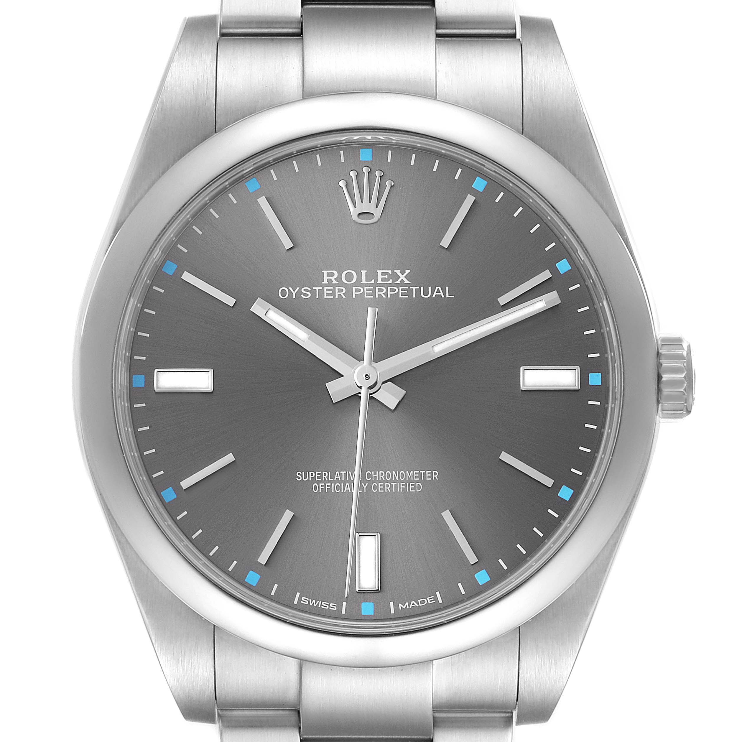 The Rolex Oyster Perpetual 114300 Men's Stainless Steel Grey Dial watch is shown from a front angle, highlighting its dial, hands, markers, and part of the bracelet.