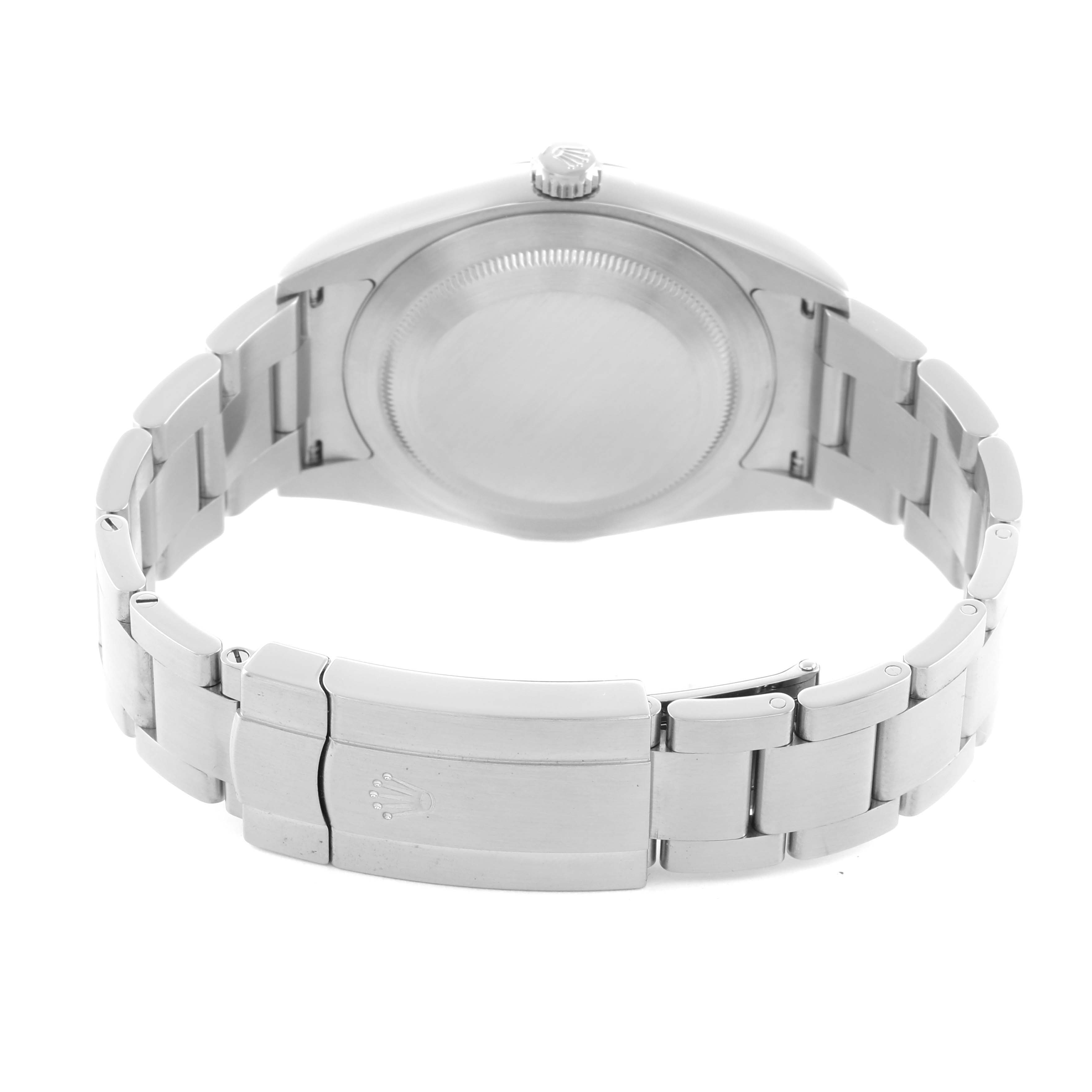 The image shows a Rolex Oyster Perpetual 114300 Men's Stainless Steel Grey Dial watch from the back, highlighting the clasp, bracelet, and case back.