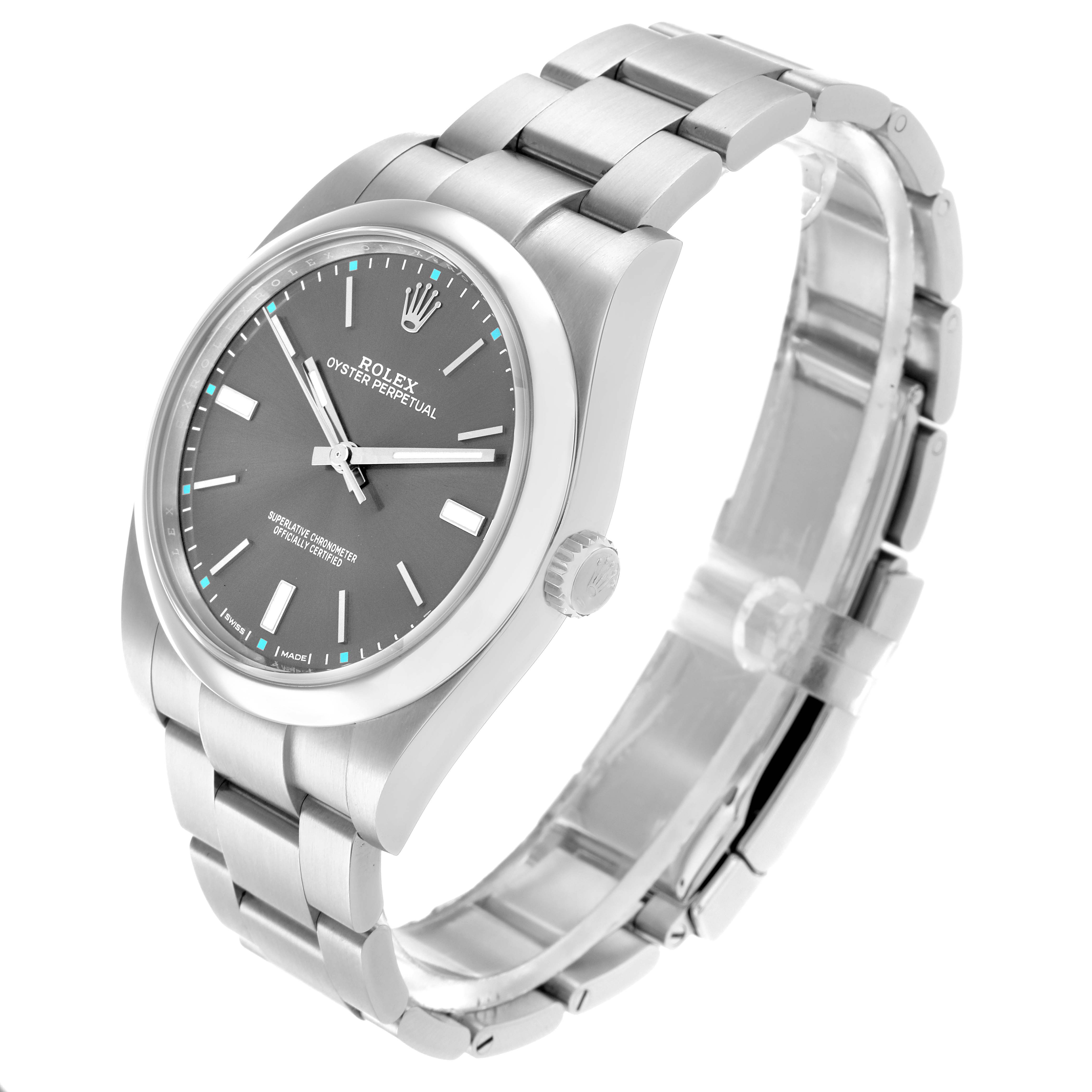 The Rolex Oyster Perpetual 114300 Men's Stainless Steel Grey Dial watch is shown at a three-quarter angle, highlighting the dial, case, bracelet, and crown.