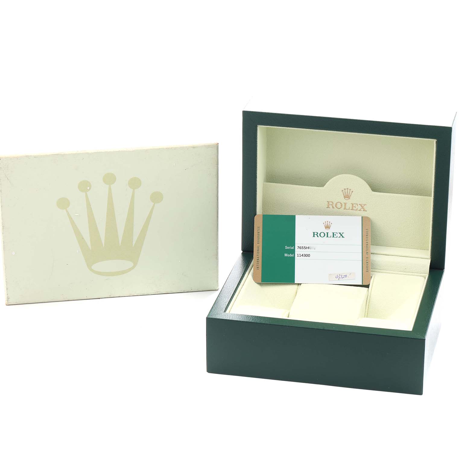 The image shows an open Rolex Oyster Perpetual 114300 Men's Stainless Steel Grey Dial watch box with a warranty card, viewed from the front.