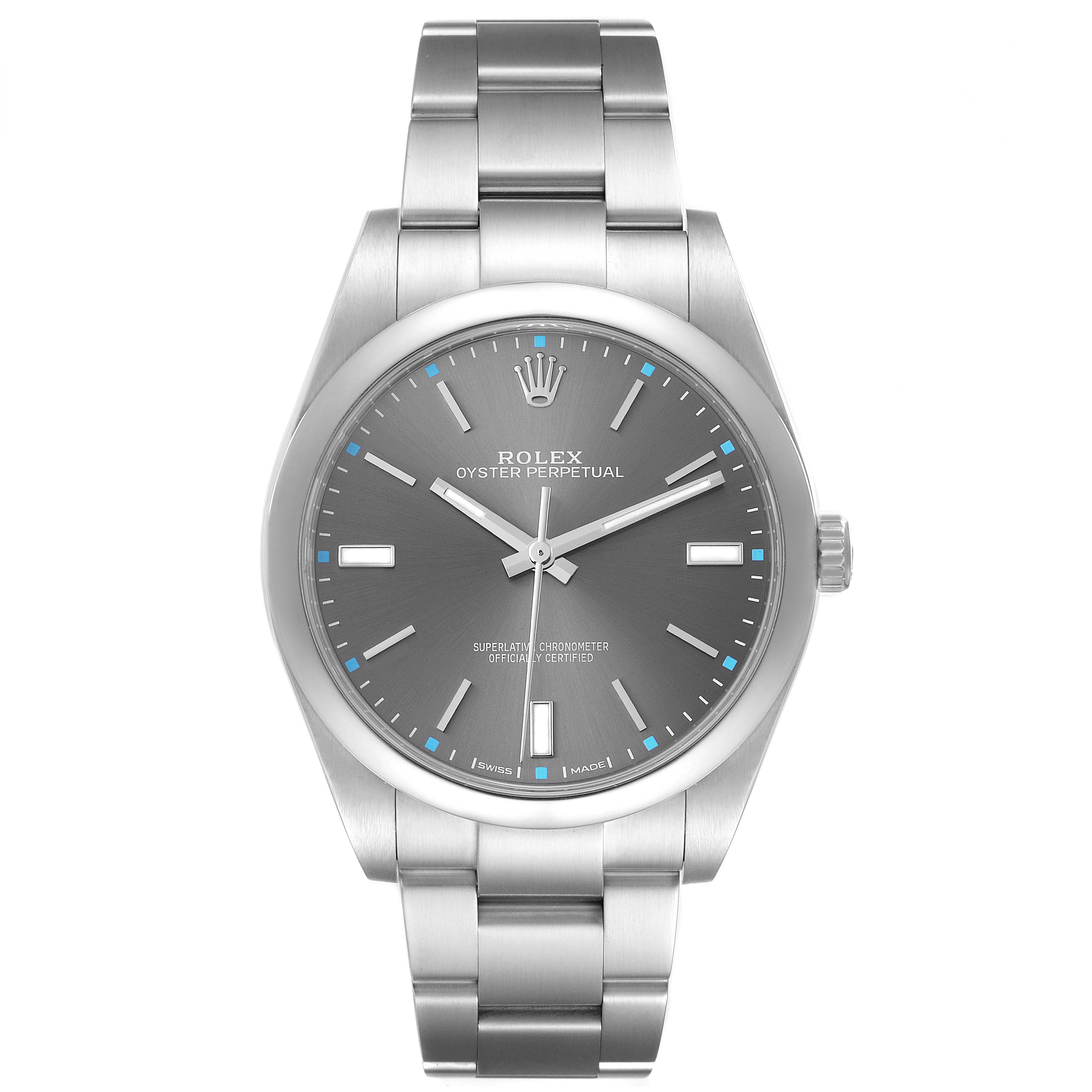 The Rolex Oyster Perpetual 114300 Men's Stainless Steel Grey Dial watch is shown from a front angle, displaying both the face and bracelet.